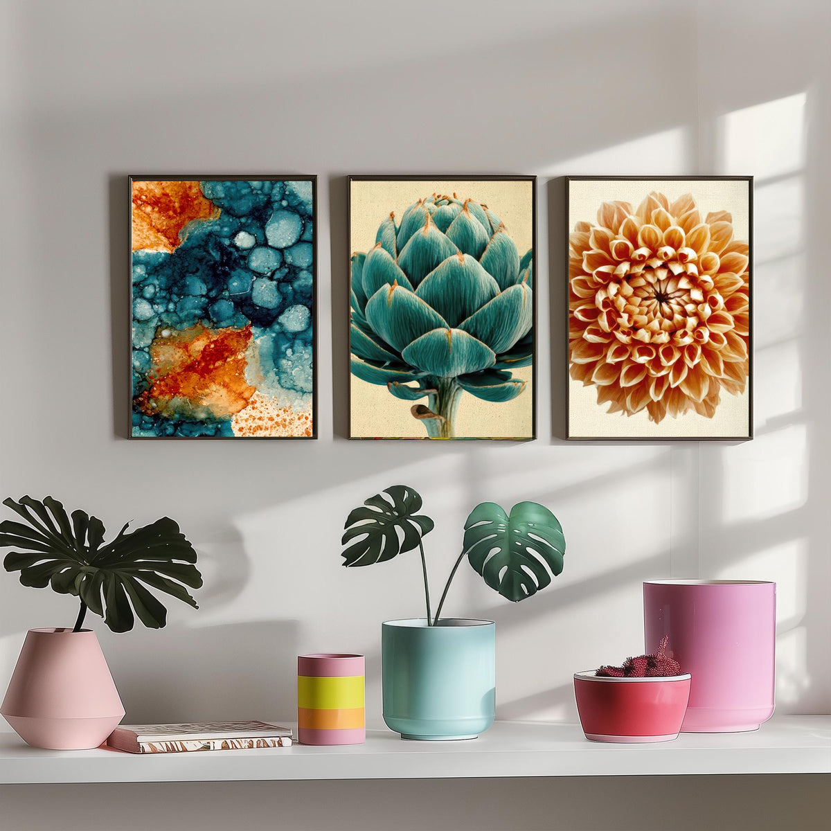 Art Deco Botanical Set of Three Art Prints - Teal Ink Abstract, Artichoke, Dahlia - Copper and Teal Poster Illustration V1