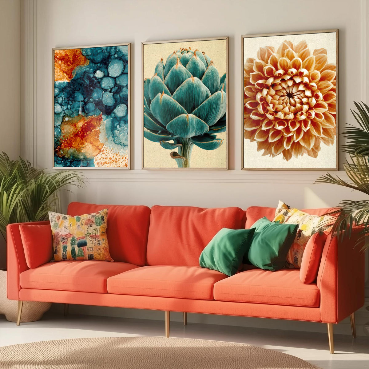 Art Deco Botanical Set of Three Art Prints - Teal Ink Abstract, Artichoke, Dahlia - Copper and Teal Poster Illustration V1