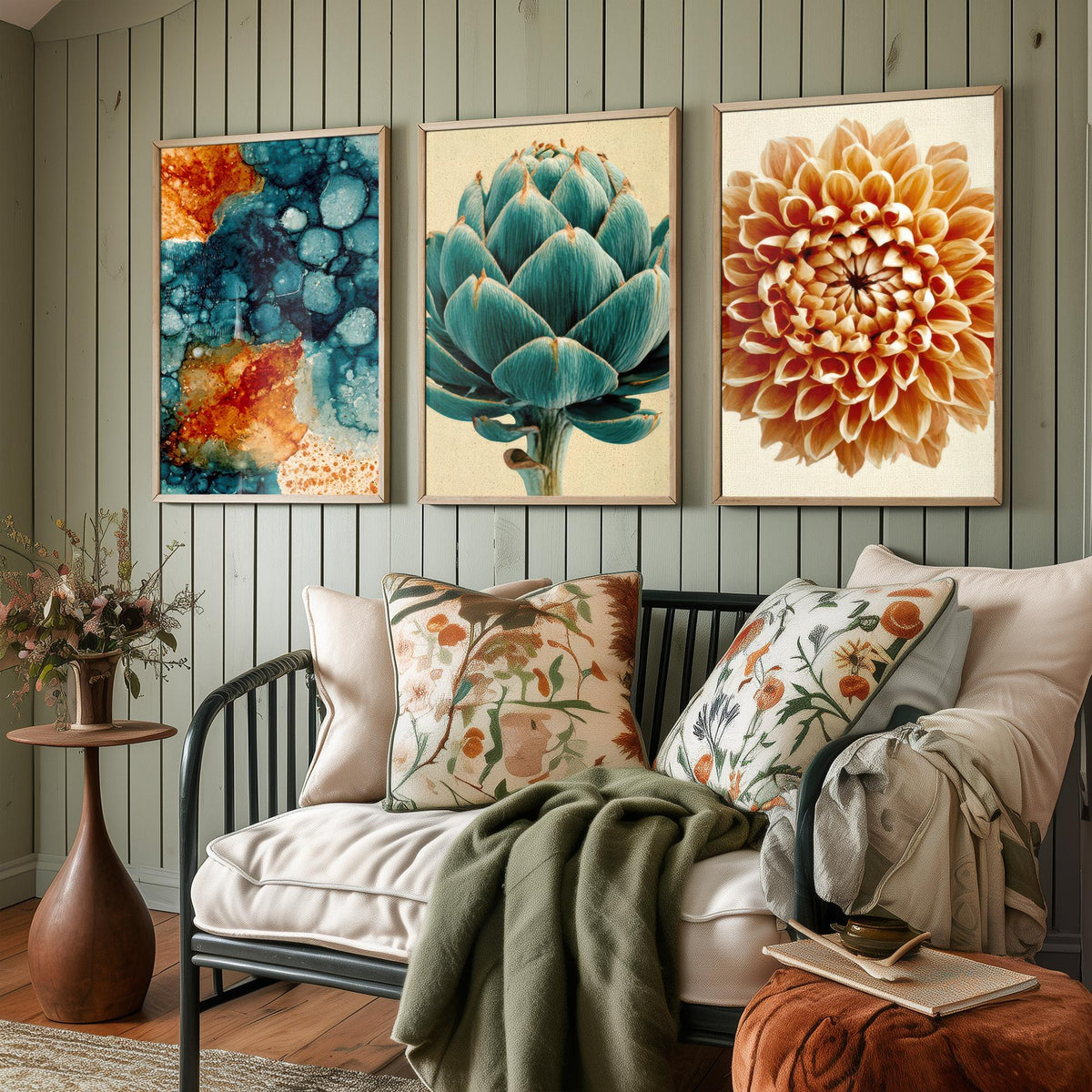 Art Deco Botanical Set of Three Art Prints - Teal Ink Abstract, Artichoke, Dahlia - Copper and Teal Poster Illustration V1
