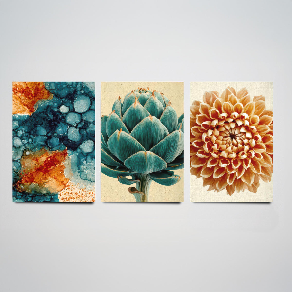 Art Deco Botanical Set of Three Art Prints - Teal Ink Abstract, Artichoke, Dahlia - Copper and Teal Poster Illustration V1