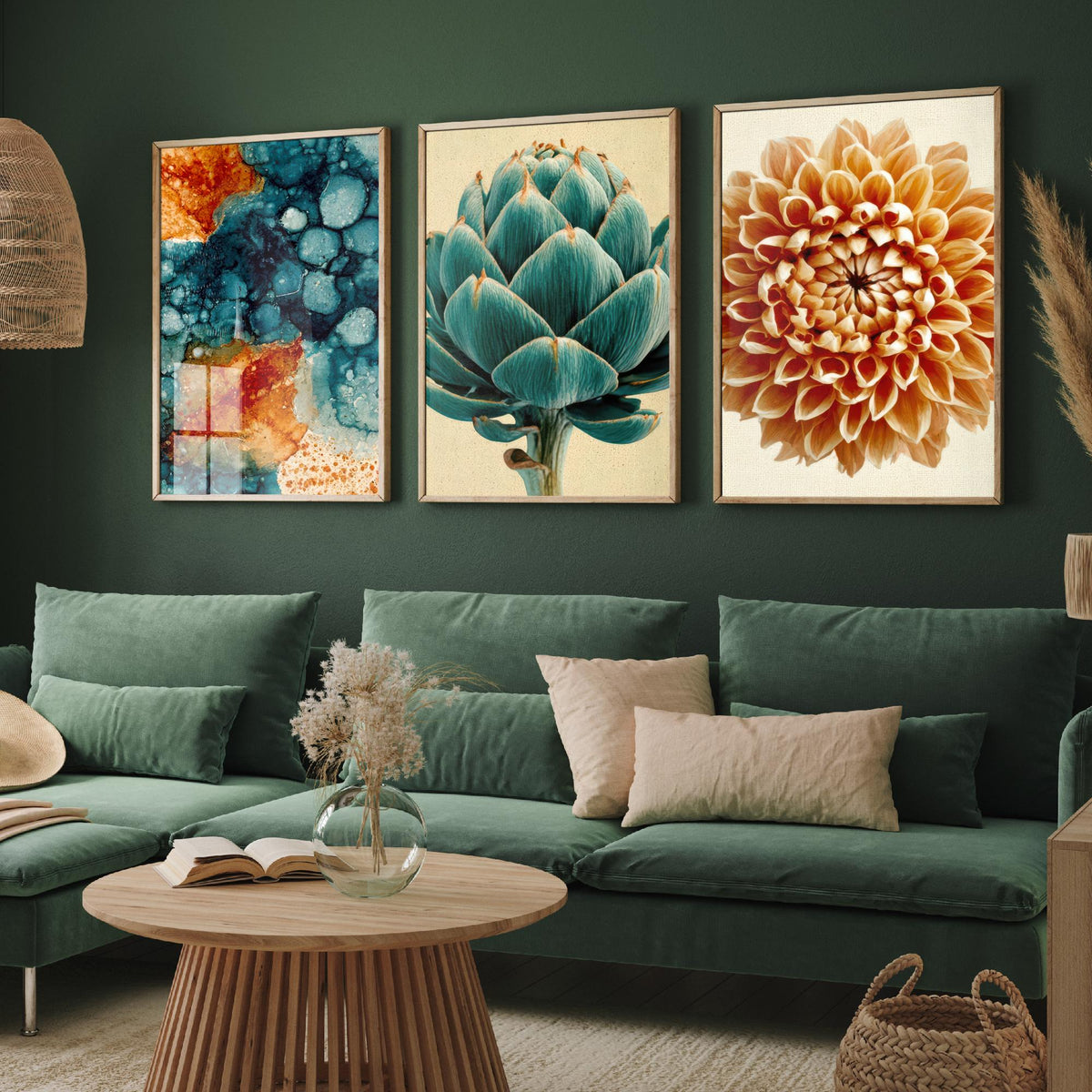 Art Deco Botanical Set of Three Art Prints - Teal Ink Abstract, Artichoke, Dahlia - Copper and Teal Poster Illustration V1