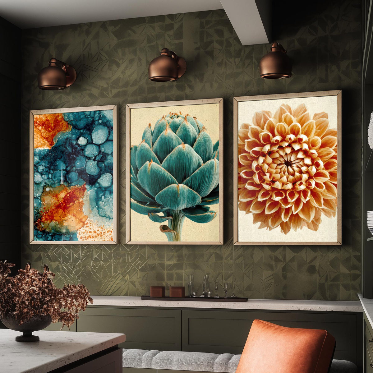 Art Deco Botanical Set of Three Art Prints - Teal Ink Abstract, Artichoke, Dahlia - Copper and Teal Poster Illustration V1