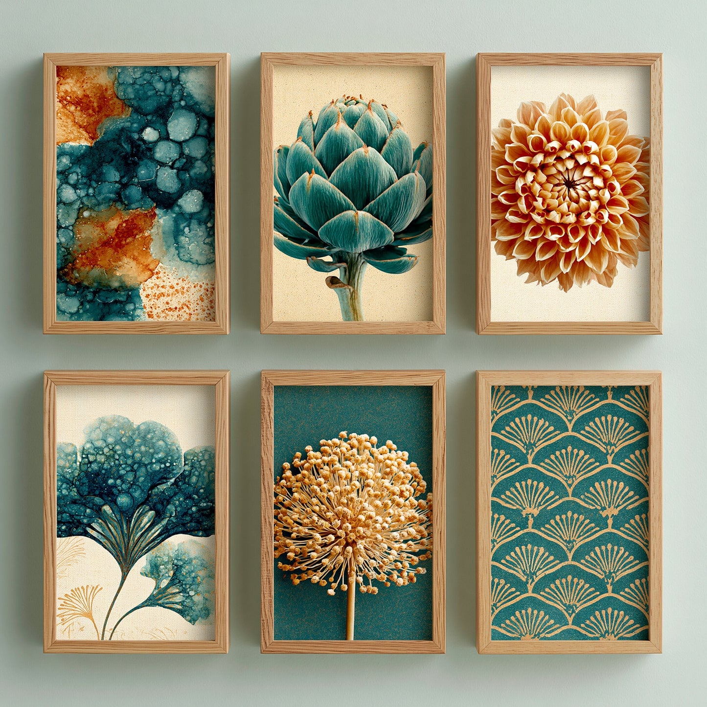 Set of Six Art Deco Botanical Art Prints - 6 Teal Gold Flower Posters - Artichoke Dahlia Allium Ginkgo Decorative Painting