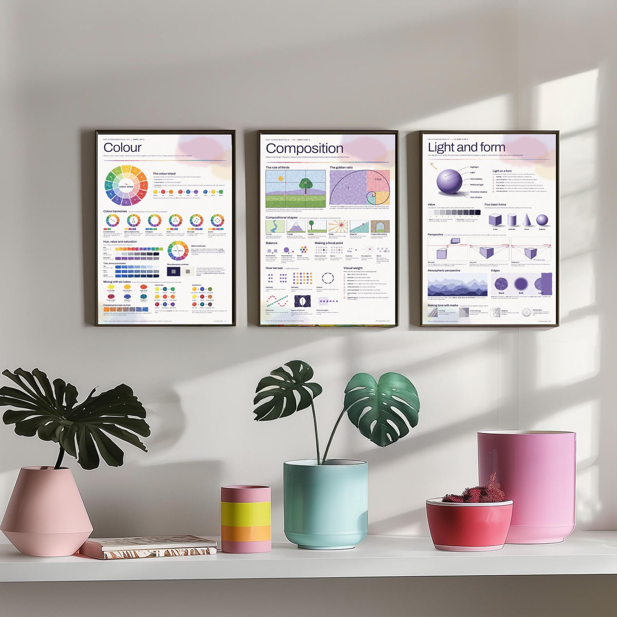 Art Fundamentals Set of Three Art Prints - Colour Theory, Composition, Light and Form - Educational Infographic Poster Illustration V2