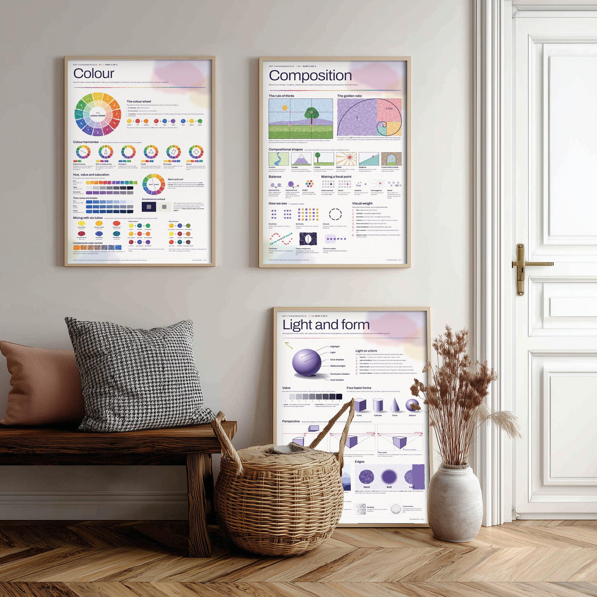 Art Fundamentals Set of Three Art Prints - Colour Theory, Composition, Light and Form - Educational Infographic Poster Illustration V2
