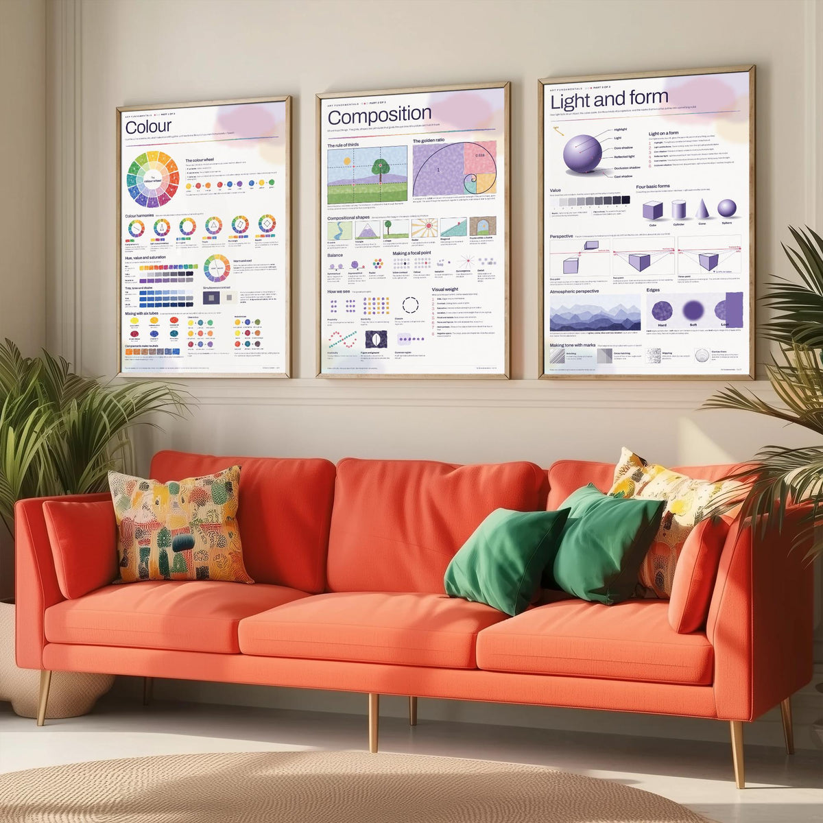 Art Fundamentals Set of Three Art Prints - Colour Theory, Composition, Light and Form - Educational Infographic Poster Illustration V2