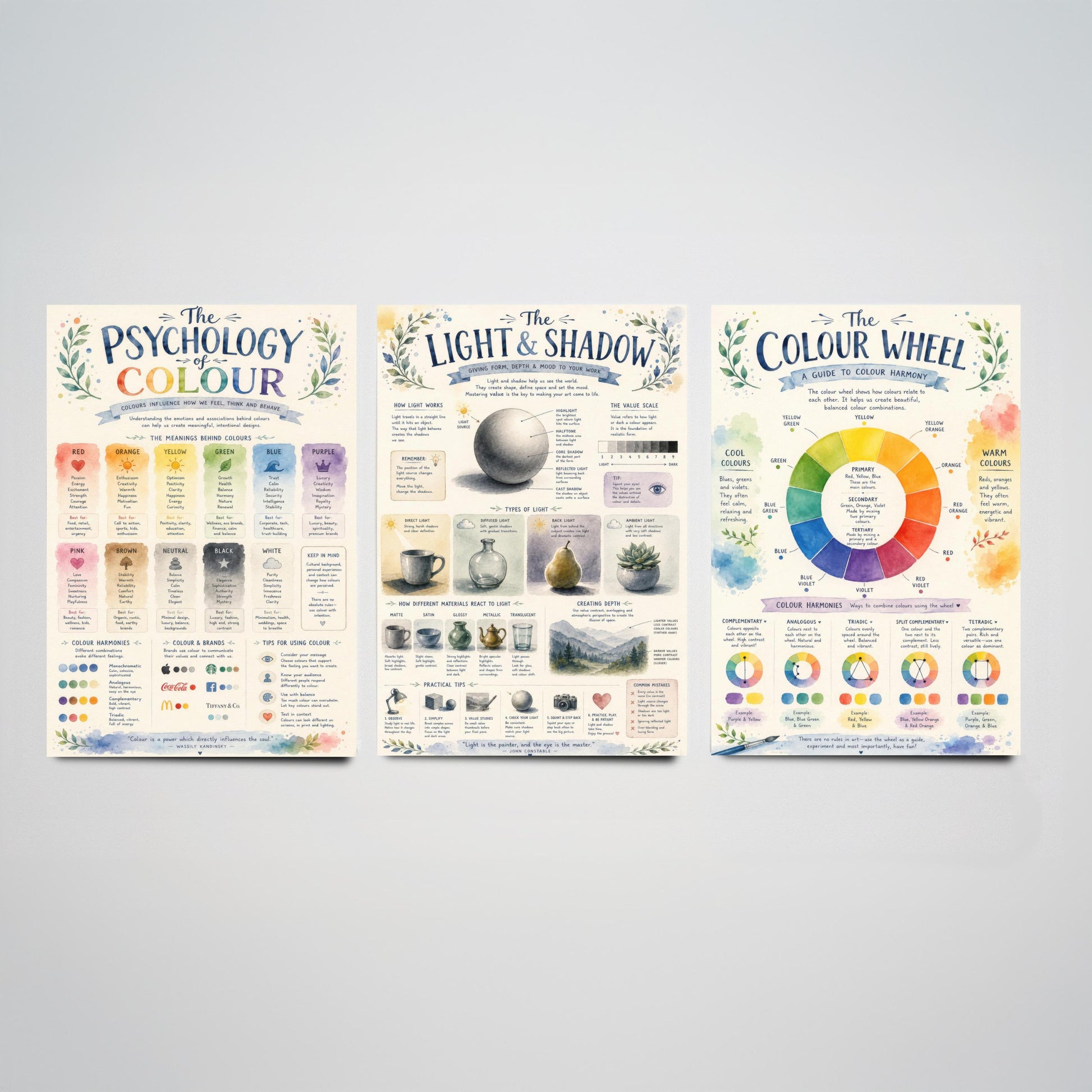 Art Fundamentals Set of Three Art Prints - Colour Theory, Light & Shadow, Colour Wheel - Educational Poster Watercolour Illustration
