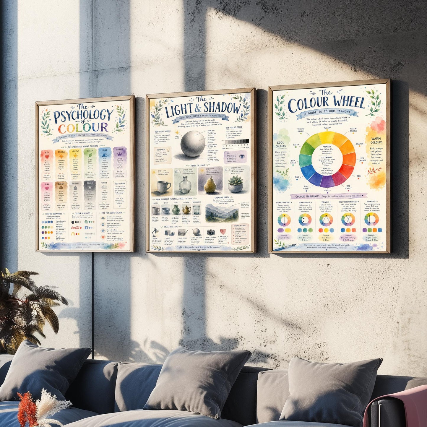 Art Fundamentals Set of Three Art Prints - Colour Theory, Light & Shadow, Colour Wheel - Educational Poster Watercolour Illustration