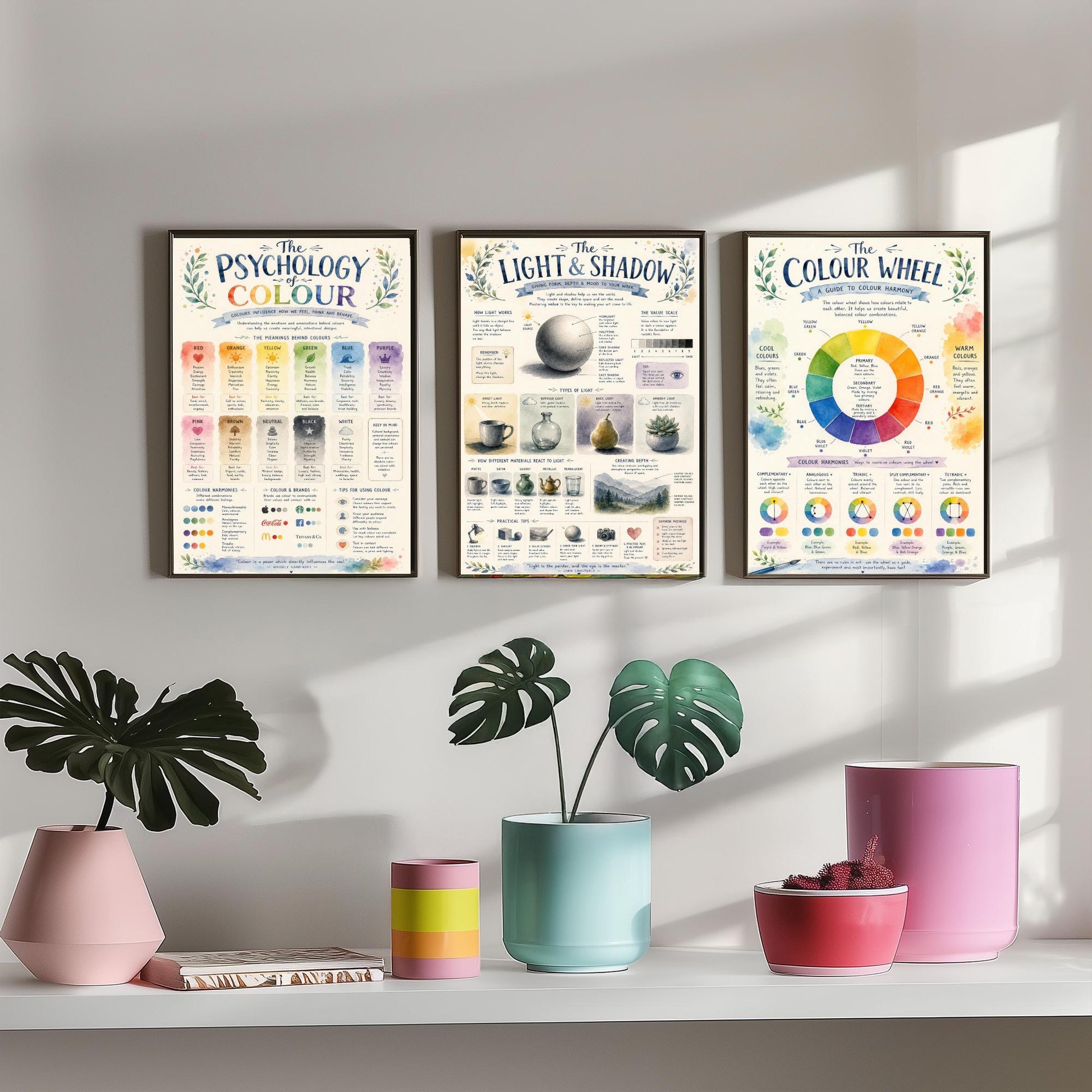 Art Fundamentals Set of Three Art Prints - Colour Theory, Light & Shadow, Colour Wheel - Educational Poster Watercolour Illustration