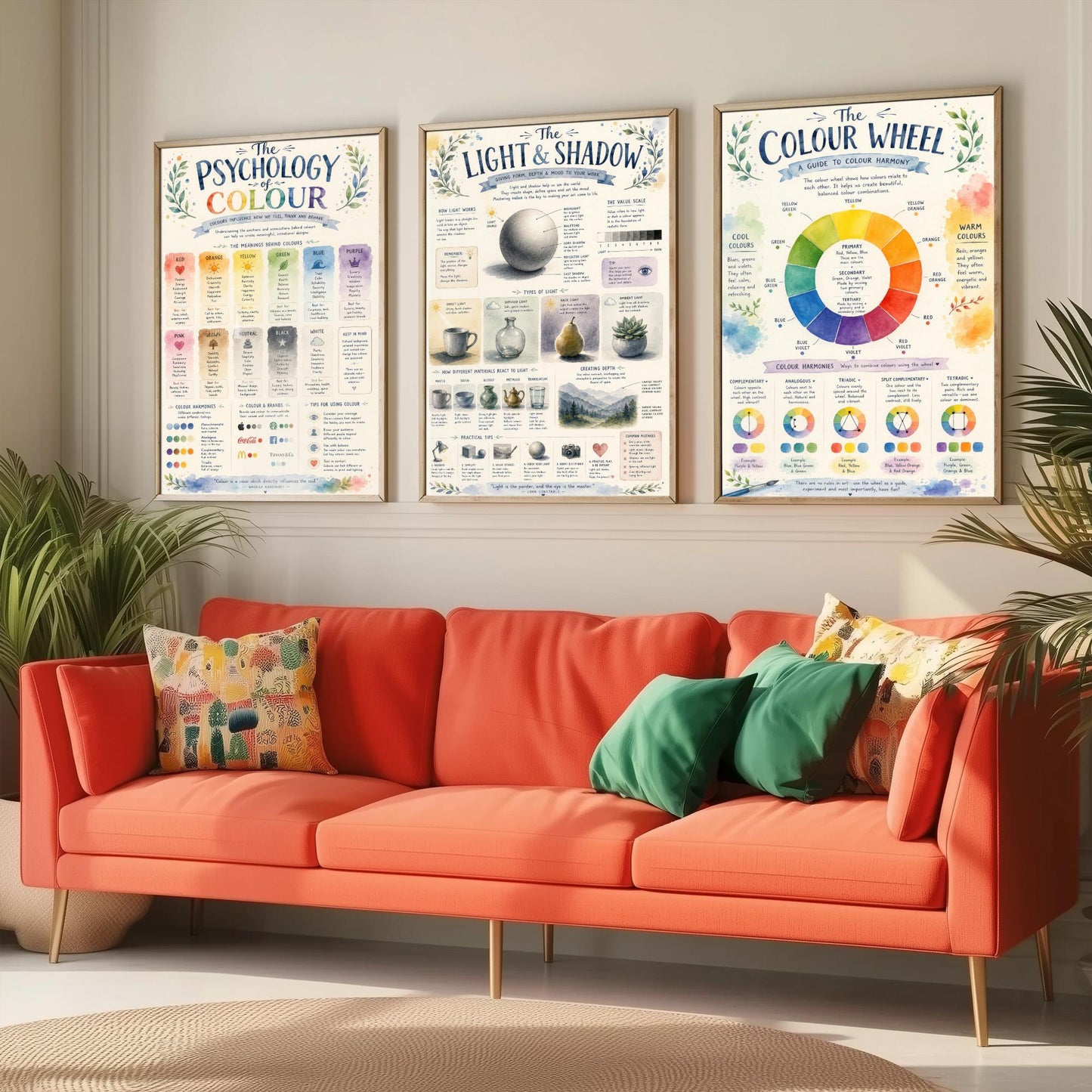 Art Fundamentals Set of Three Art Prints - Colour Theory, Light & Shadow, Colour Wheel - Educational Poster Watercolour Illustration