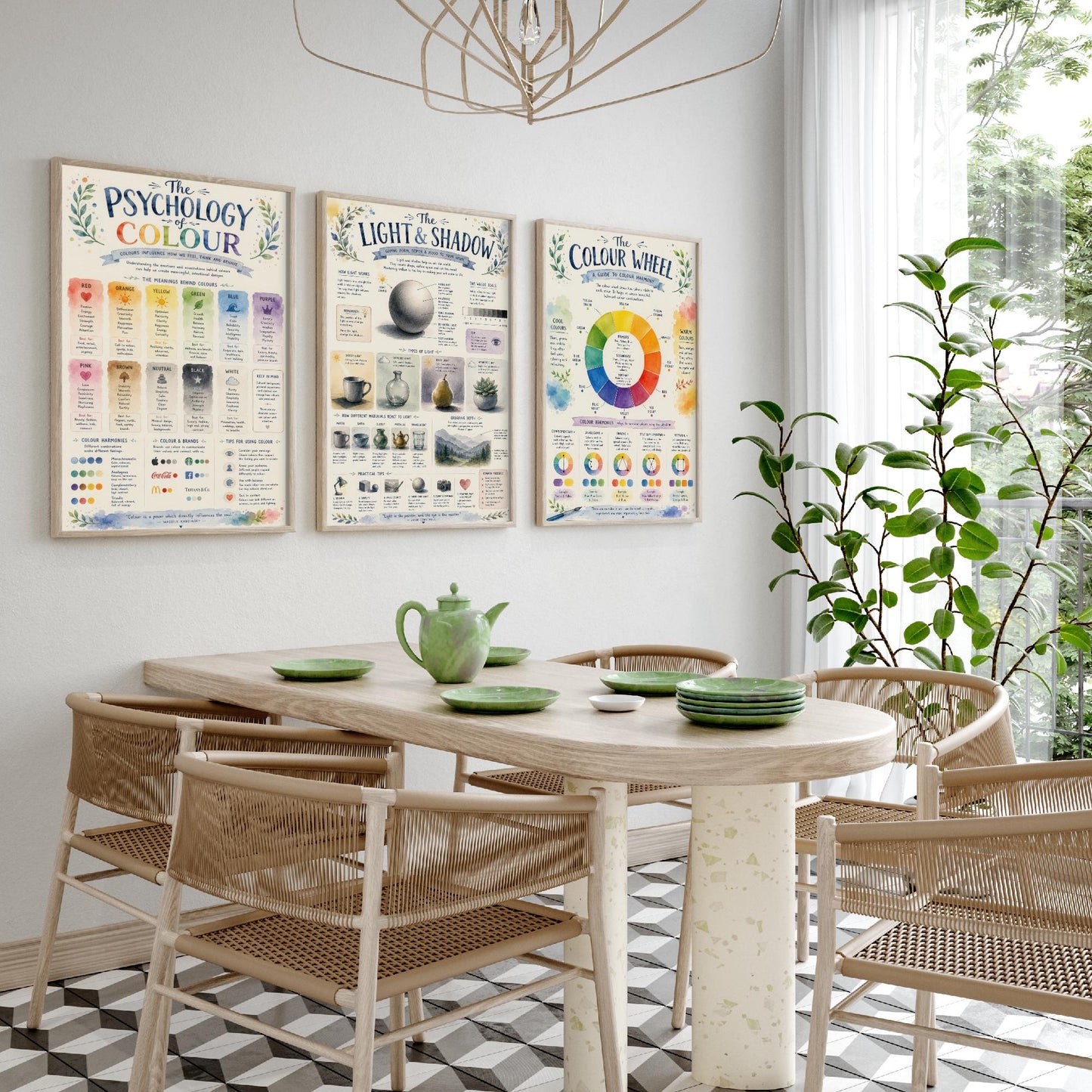 Art Fundamentals Set of Three Art Prints - Colour Theory, Light & Shadow, Colour Wheel - Educational Poster Watercolour Illustration