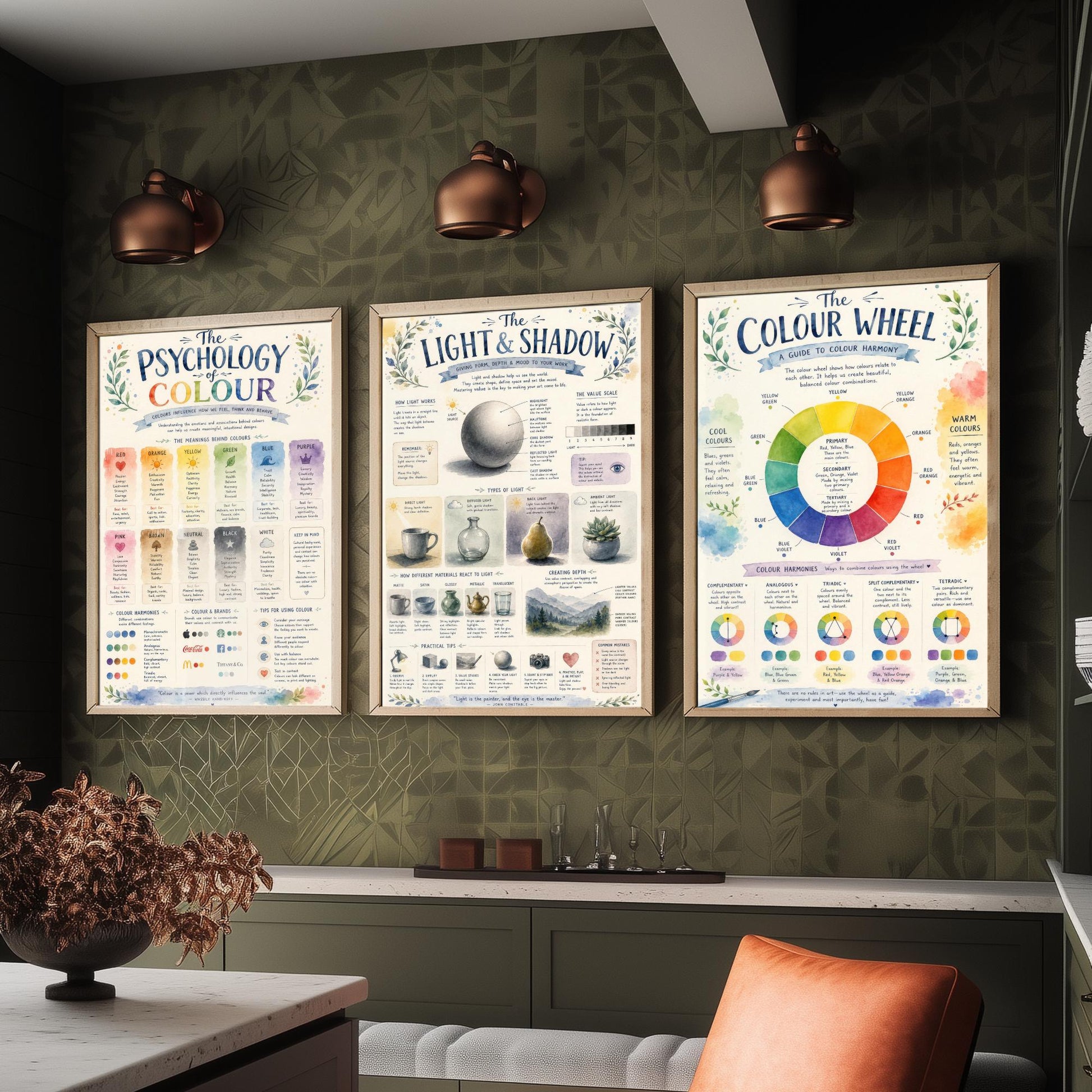 Art Fundamentals Set of Three Art Prints - Colour Theory, Light & Shadow, Colour Wheel - Educational Poster Watercolour Illustration