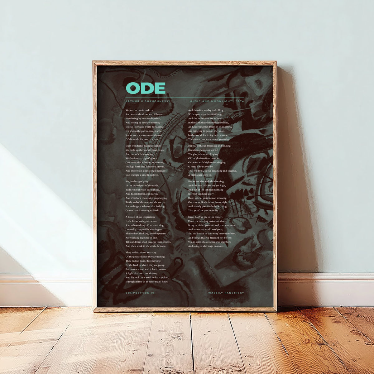 Ode by Arthur O'Shaughnessy Art Print - We Are the Music Makers Full Poem Poster - Poetry over Kandinsky Composition VII Painting