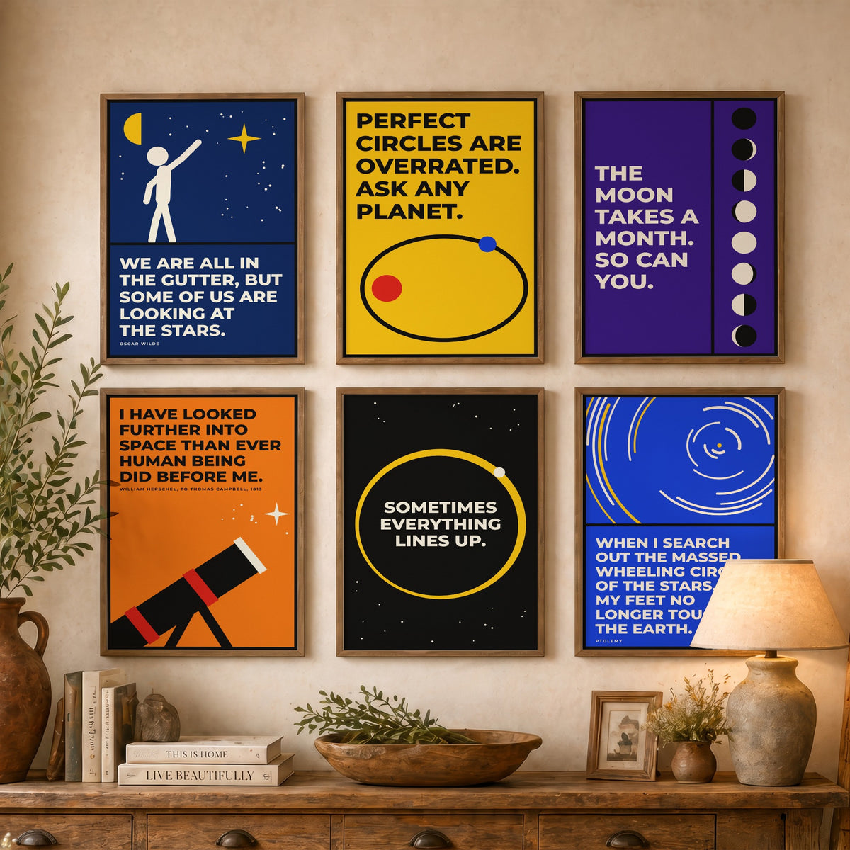 Set of Six Astronomy Quote Art Prints - 6 Bauhaus Space Posters - Minimalist Science Illustration - Moon Phases, Telescope, Planets
