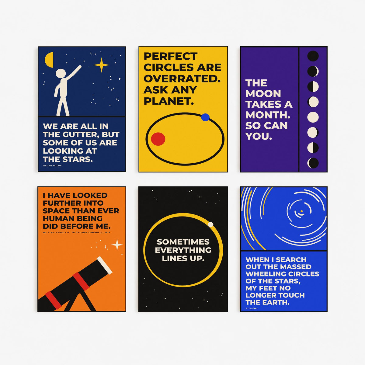 Set of Six Astronomy Quote Art Prints - 6 Bauhaus Space Posters - Minimalist Science Illustration - Moon Phases, Telescope, Planets
