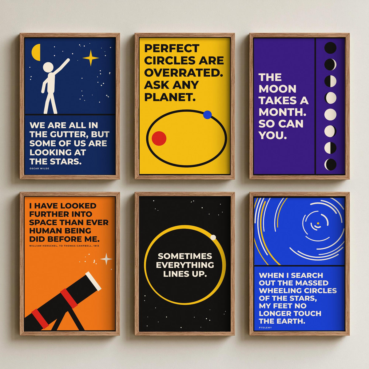 Set of Six Astronomy Quote Art Prints - 6 Bauhaus Space Posters - Minimalist Science Illustration - Moon Phases, Telescope, Planets