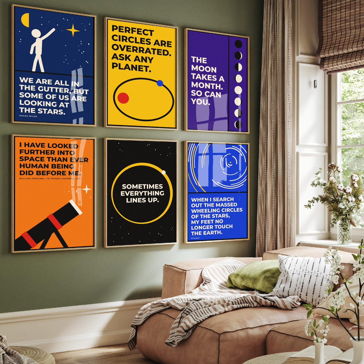 Set of Six Astronomy Quote Art Prints - 6 Bauhaus Space Posters - Minimalist Science Illustration - Moon Phases, Telescope, Planets