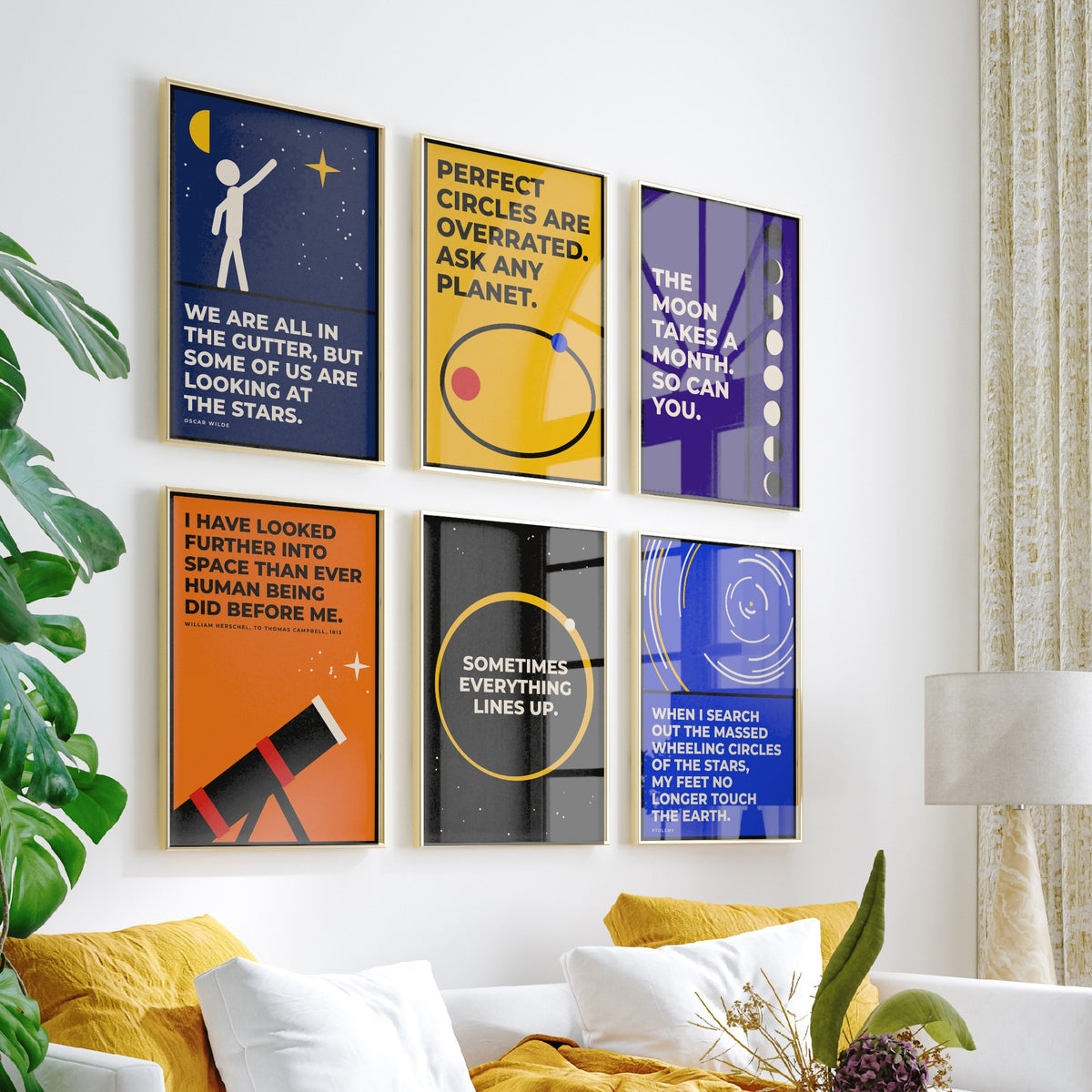 Set of Six Astronomy Quote Art Prints - 6 Bauhaus Space Posters - Minimalist Science Illustration - Moon Phases, Telescope, Planets