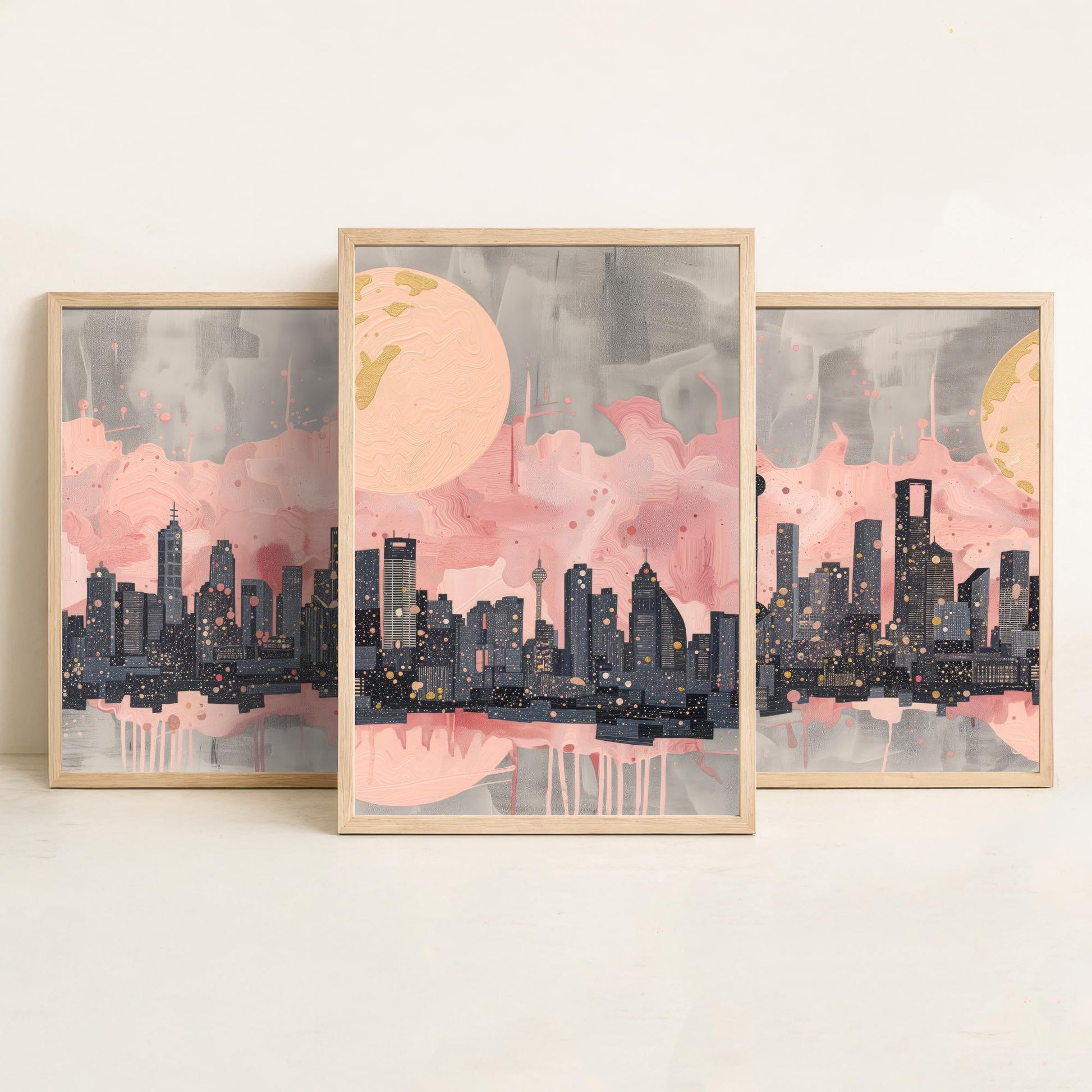 Melbourne Australia Set of Three Art Prints - Pink and Grey Skyline Panorama Posters - Gold Moon City Illustration Wall Decor