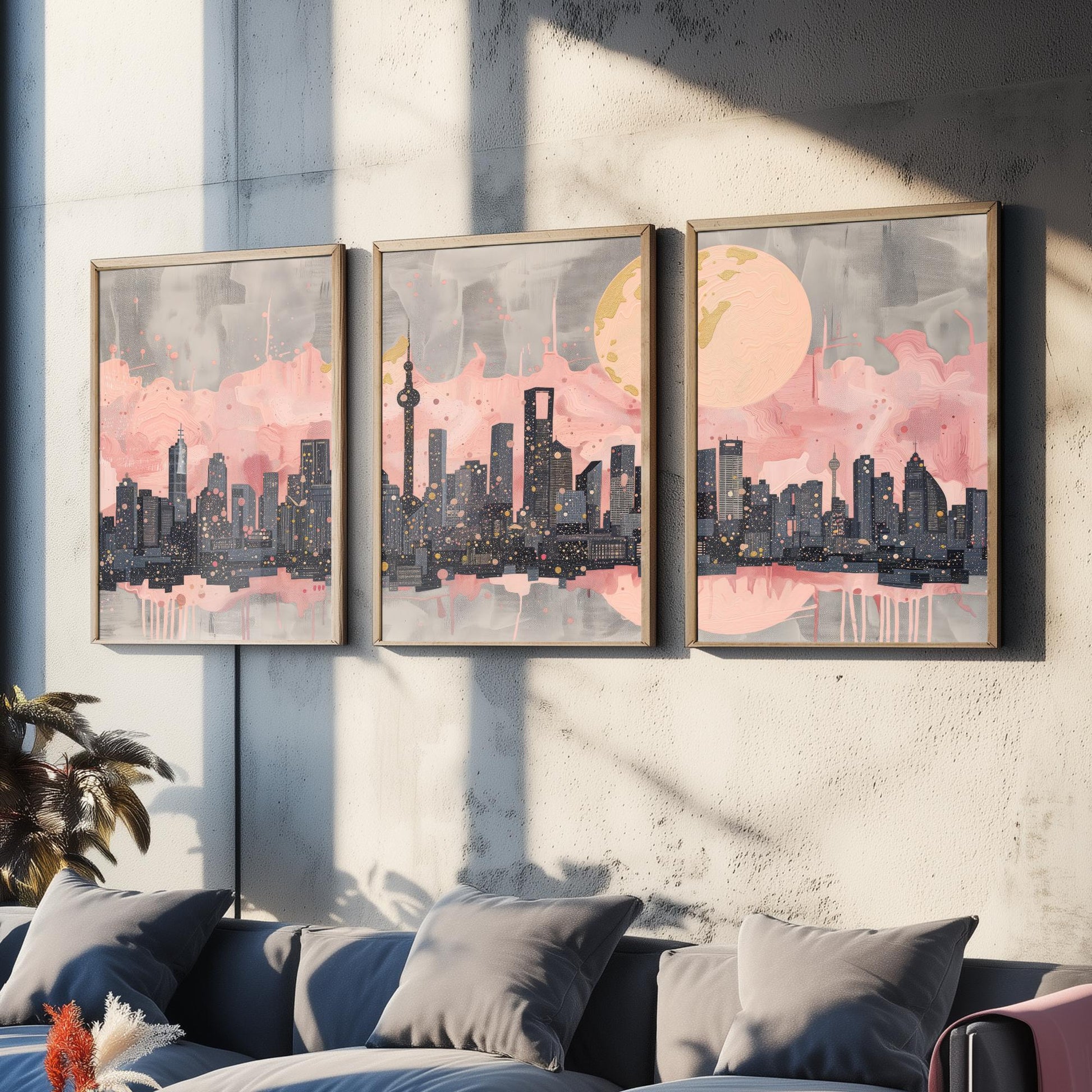 Melbourne Australia Set of Three Art Prints - Pink and Grey Skyline Panorama Posters - Gold Moon City Illustration Wall Decor