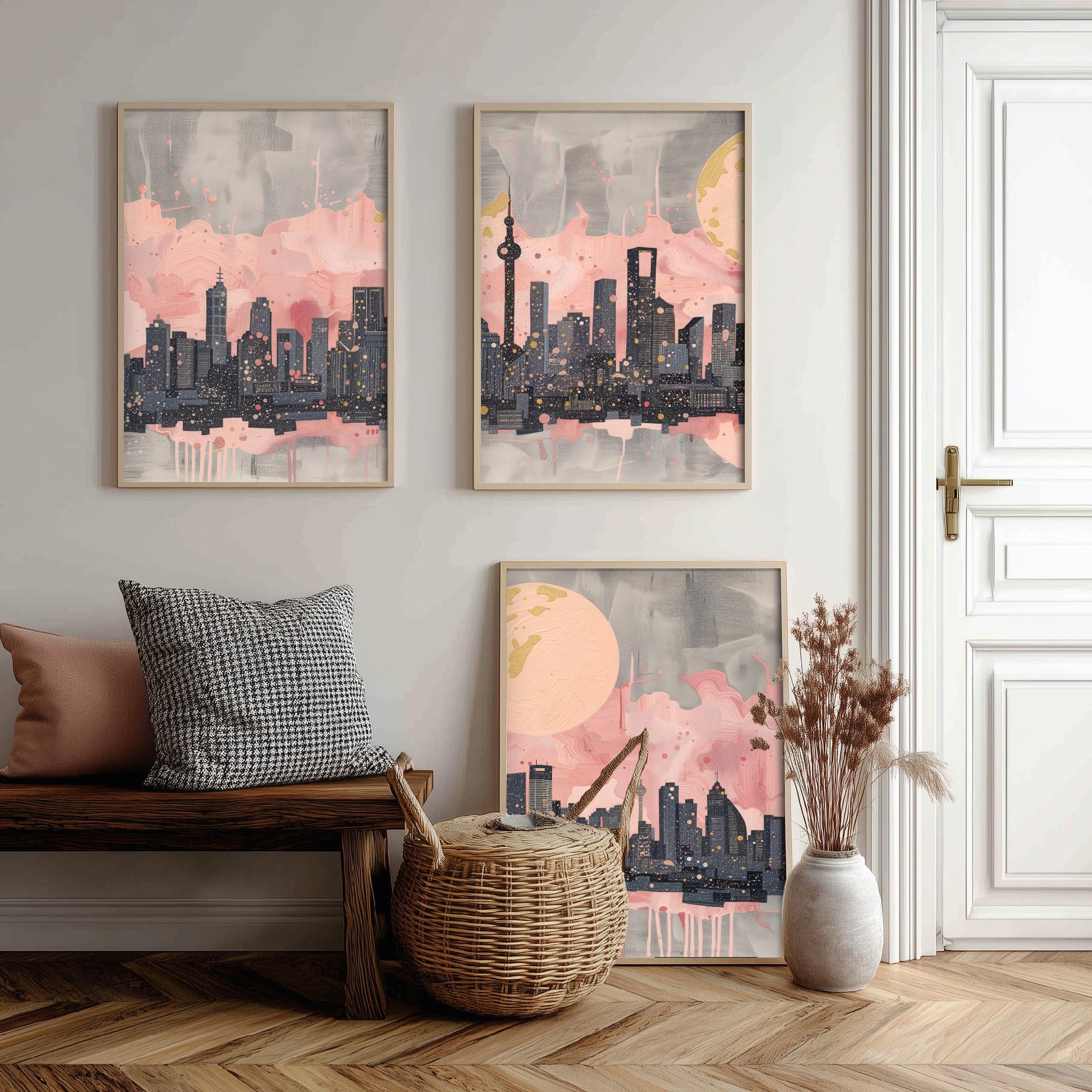 Melbourne Australia Set of Three Art Prints - Pink and Grey Skyline Panorama Posters - Gold Moon City Illustration Wall Decor
