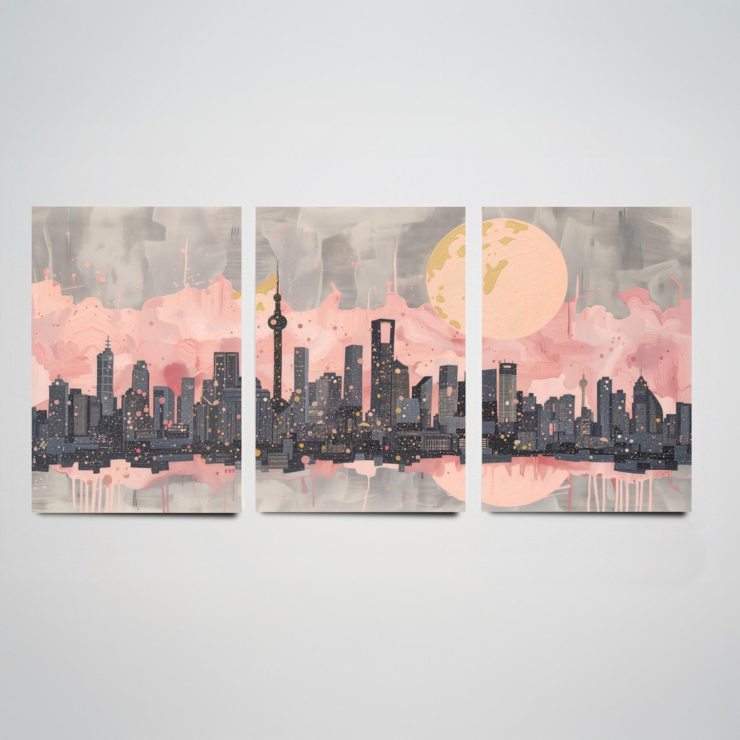 Melbourne Australia Set of Three Art Prints - Pink and Grey Skyline Panorama Posters - Gold Moon City Illustration Wall Decor