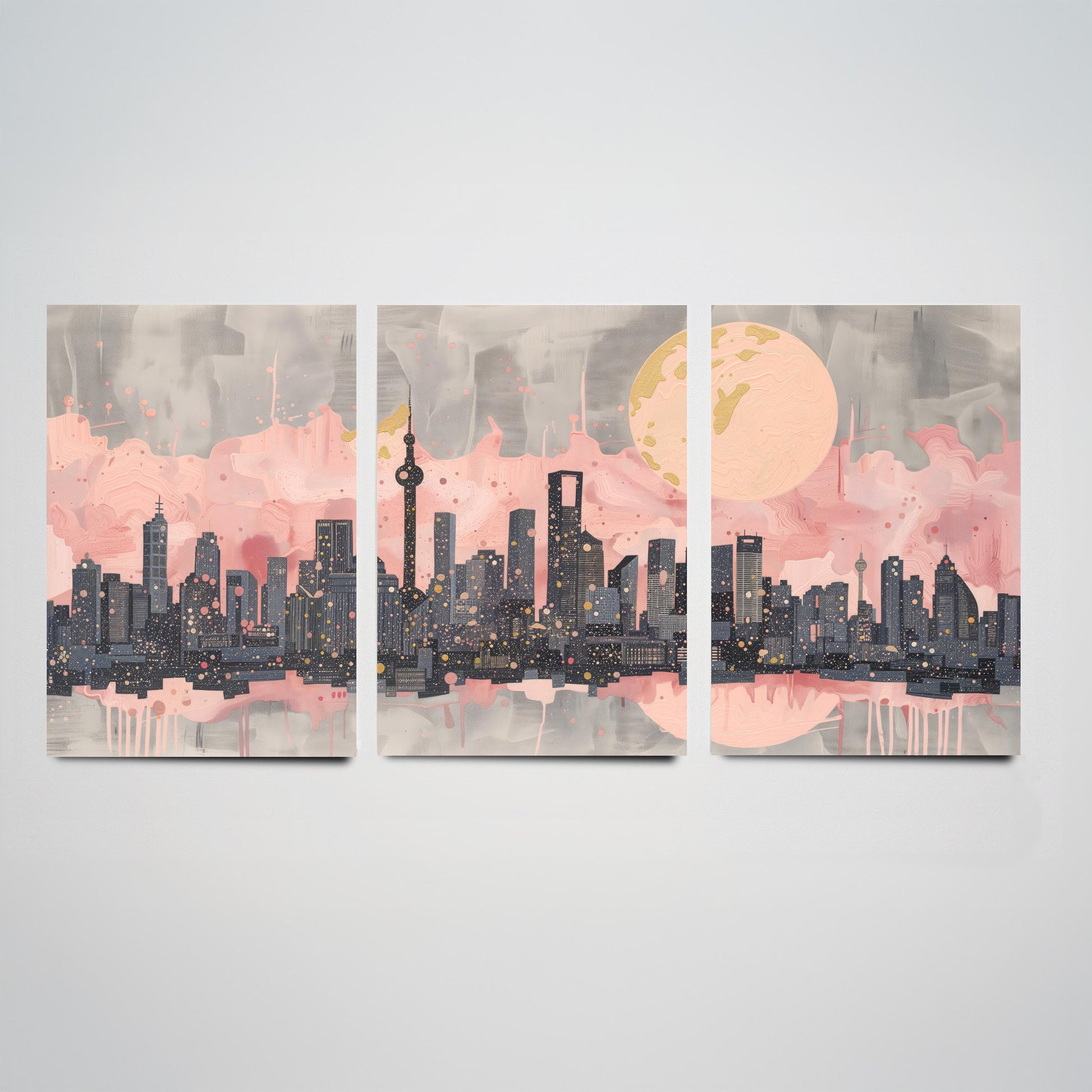 Melbourne Australia Set of Three Art Prints - Pink and Grey Skyline Panorama Posters - Gold Moon City Illustration Wall Decor