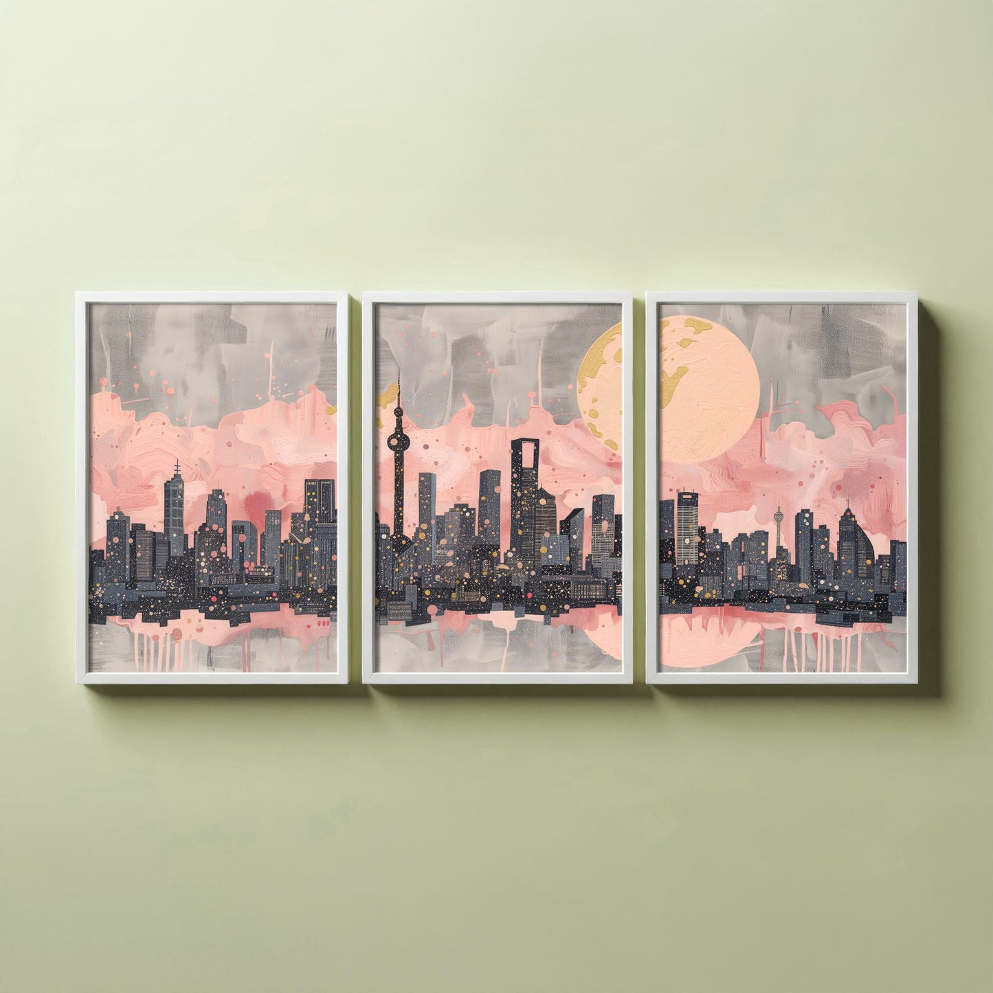 Melbourne Australia Set of Three Art Prints - Pink and Grey Skyline Panorama Posters - Gold Moon City Illustration Wall Decor