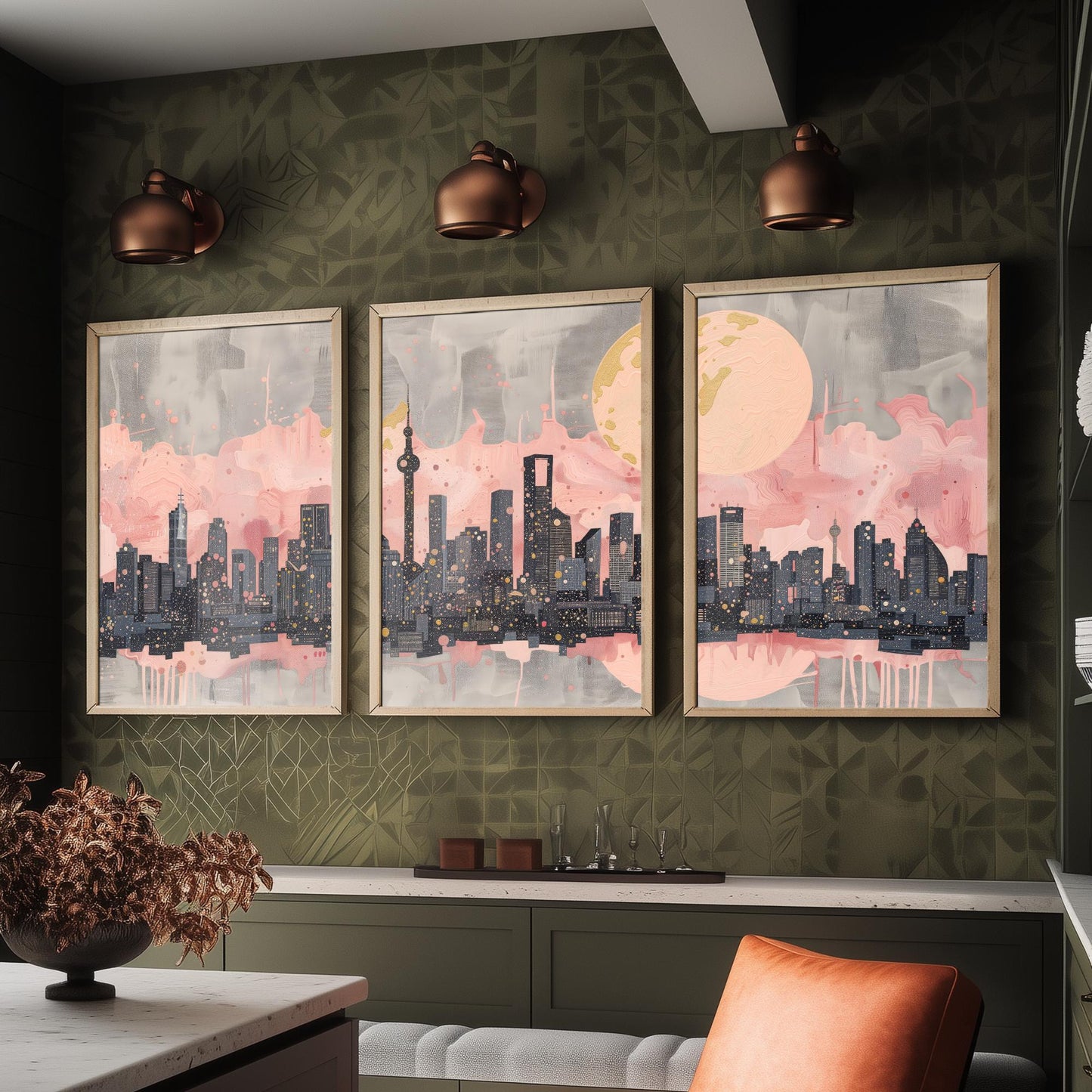 Melbourne Australia Set of Three Art Prints - Pink and Grey Skyline Panorama Posters - Gold Moon City Illustration Wall Decor