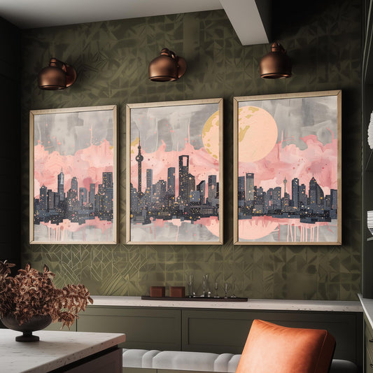 Melbourne Australia Set of Three Art Prints - Pink and Grey Skyline Panorama Posters - Gold Moon City Illustration Wall Decor