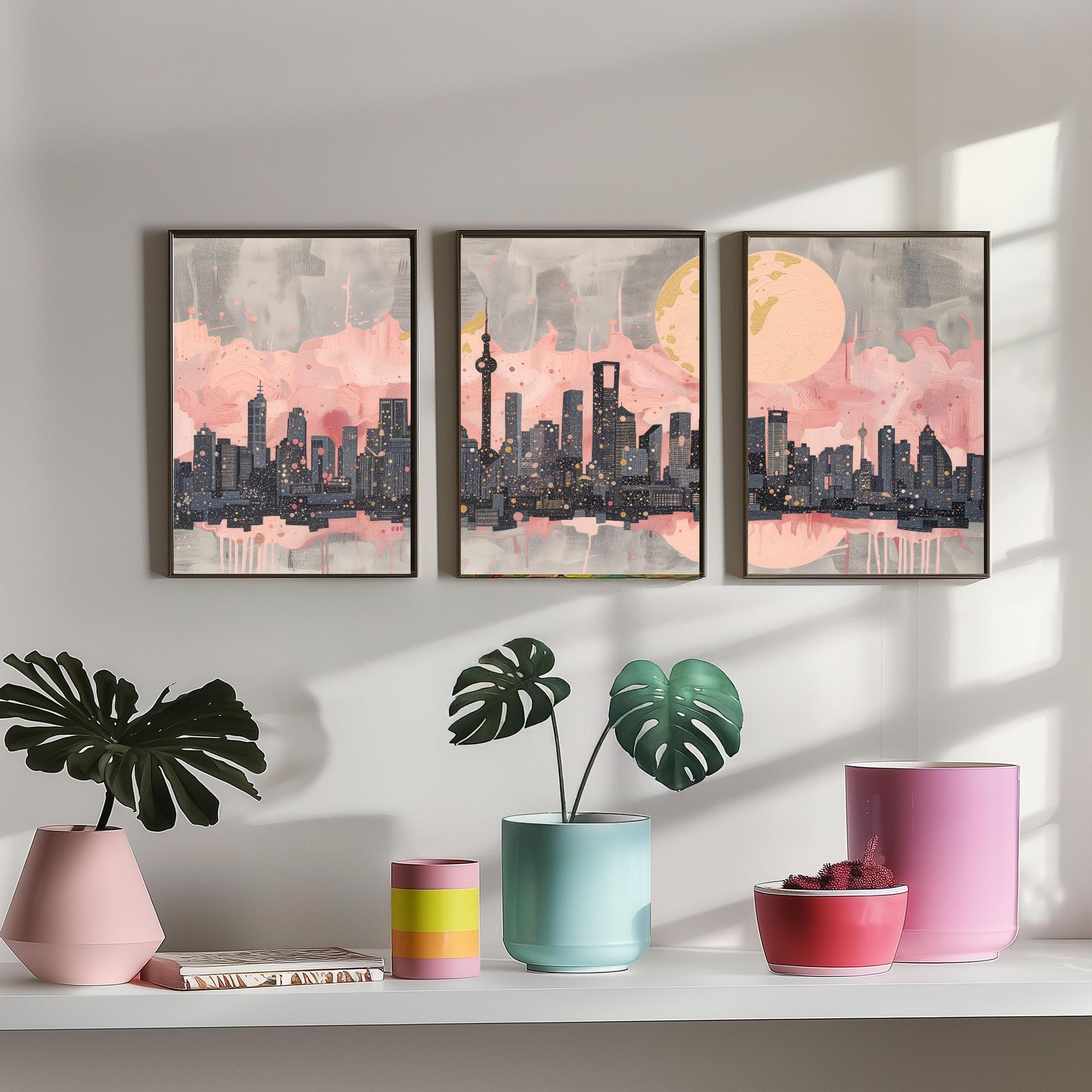Melbourne Australia Set of Three Art Prints - Pink and Grey Skyline Panorama Posters - Gold Moon City Illustration Wall Decor