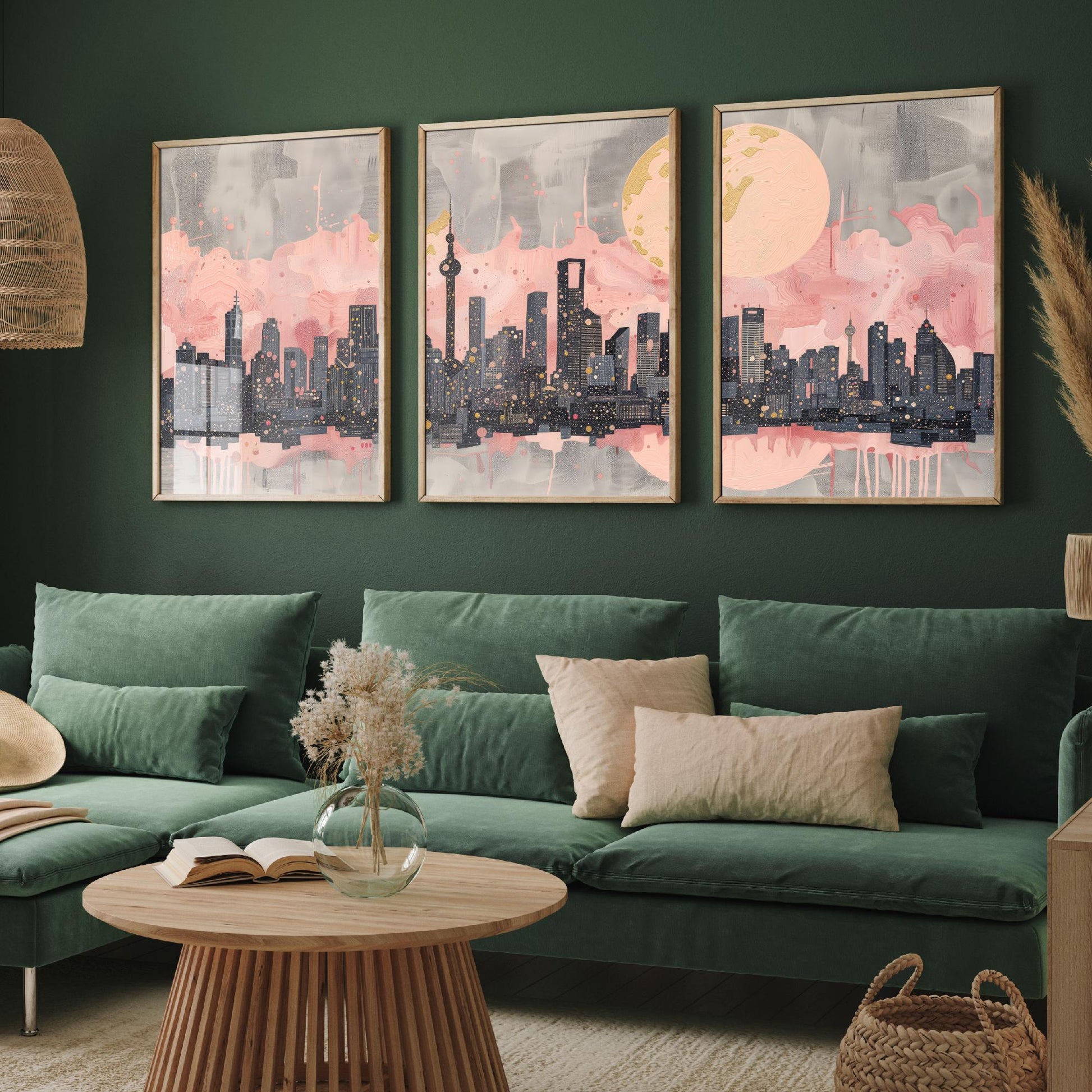 Melbourne Australia Set of Three Art Prints - Pink and Grey Skyline Panorama Posters - Gold Moon City Illustration Wall Decor