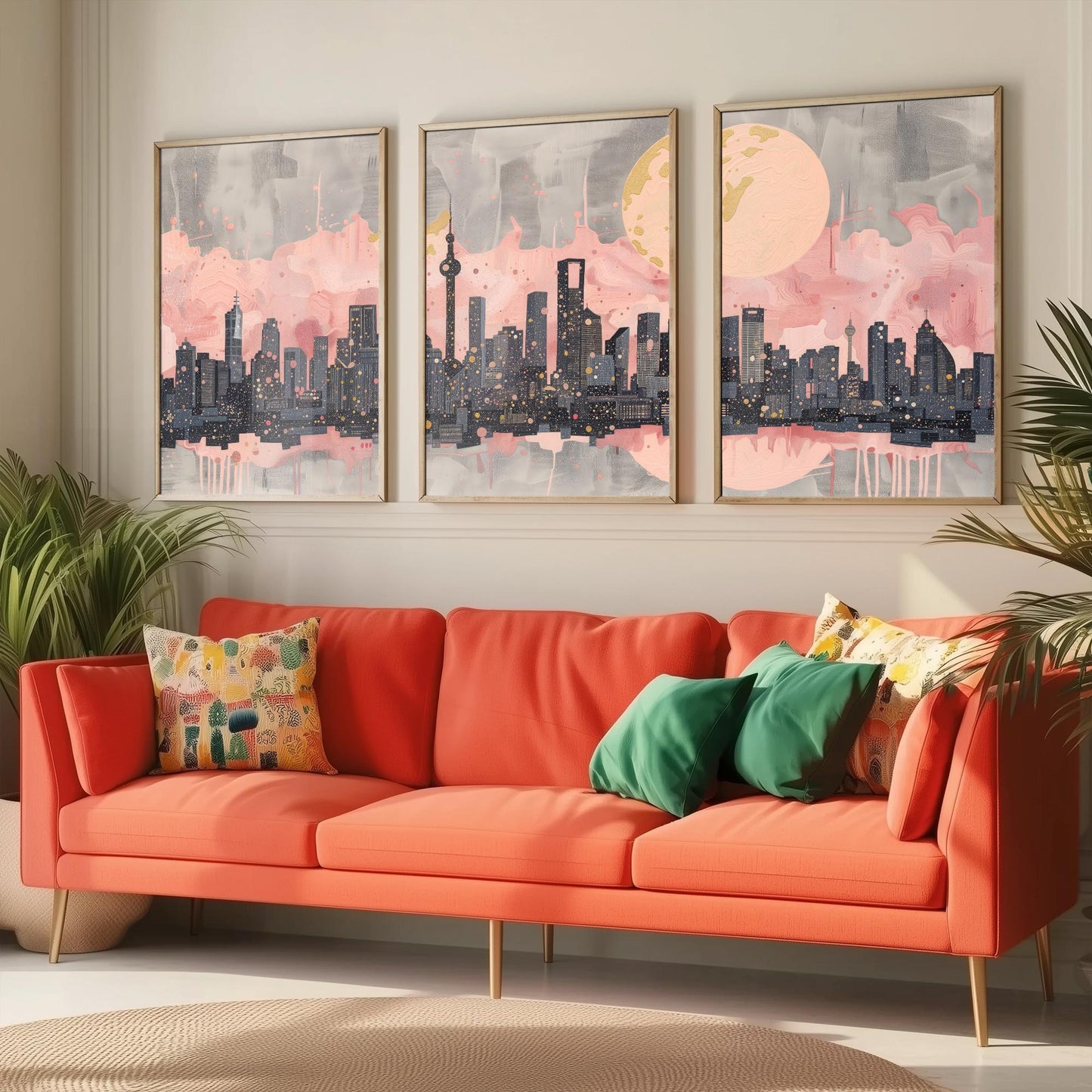 Melbourne Australia Set of Three Art Prints - Pink and Grey Skyline Panorama Posters - Gold Moon City Illustration Wall Decor