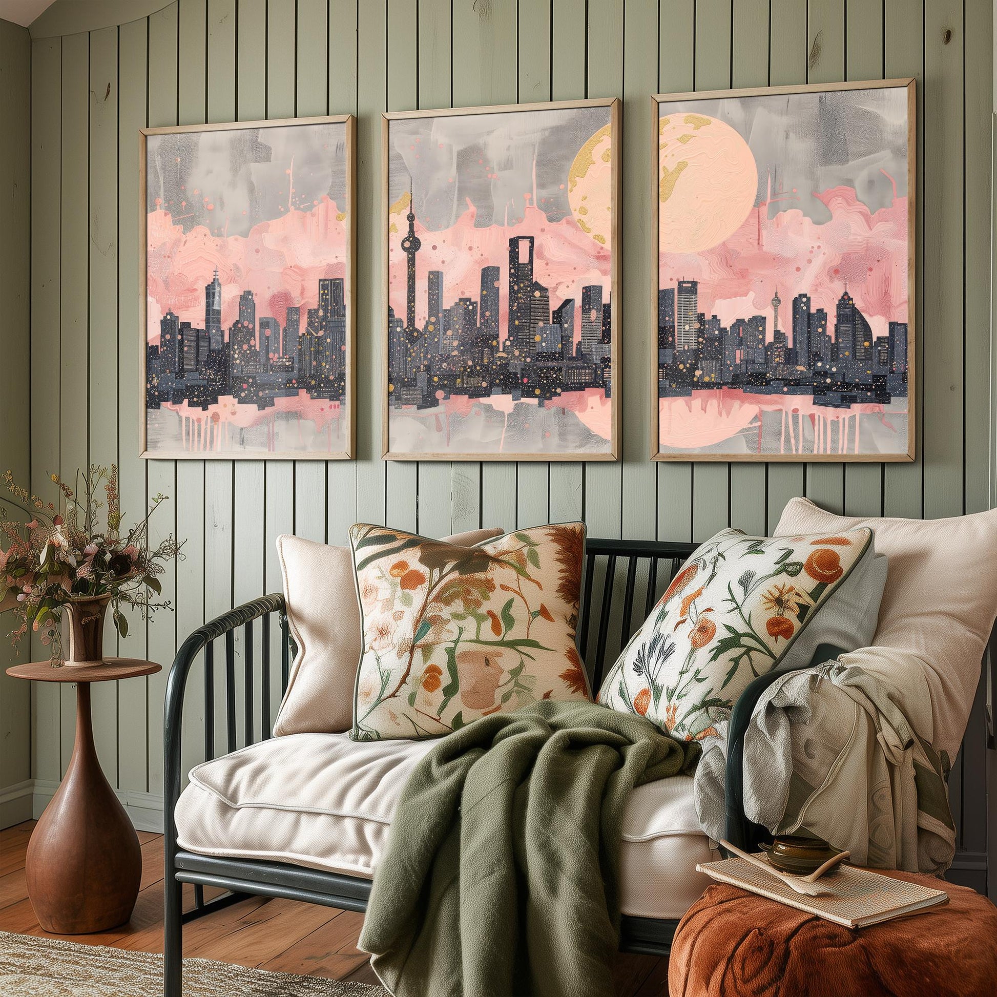 Melbourne Australia Set of Three Art Prints - Pink and Grey Skyline Panorama Posters - Gold Moon City Illustration Wall Decor