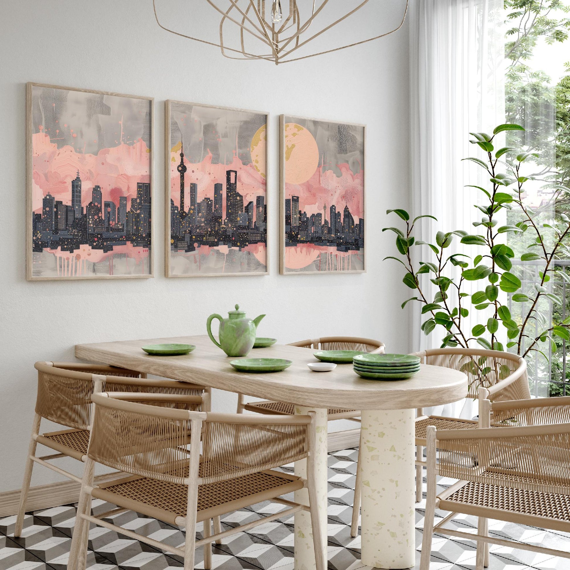 Melbourne Australia Set of Three Art Prints - Pink and Grey Skyline Panorama Posters - Gold Moon City Illustration Wall Decor