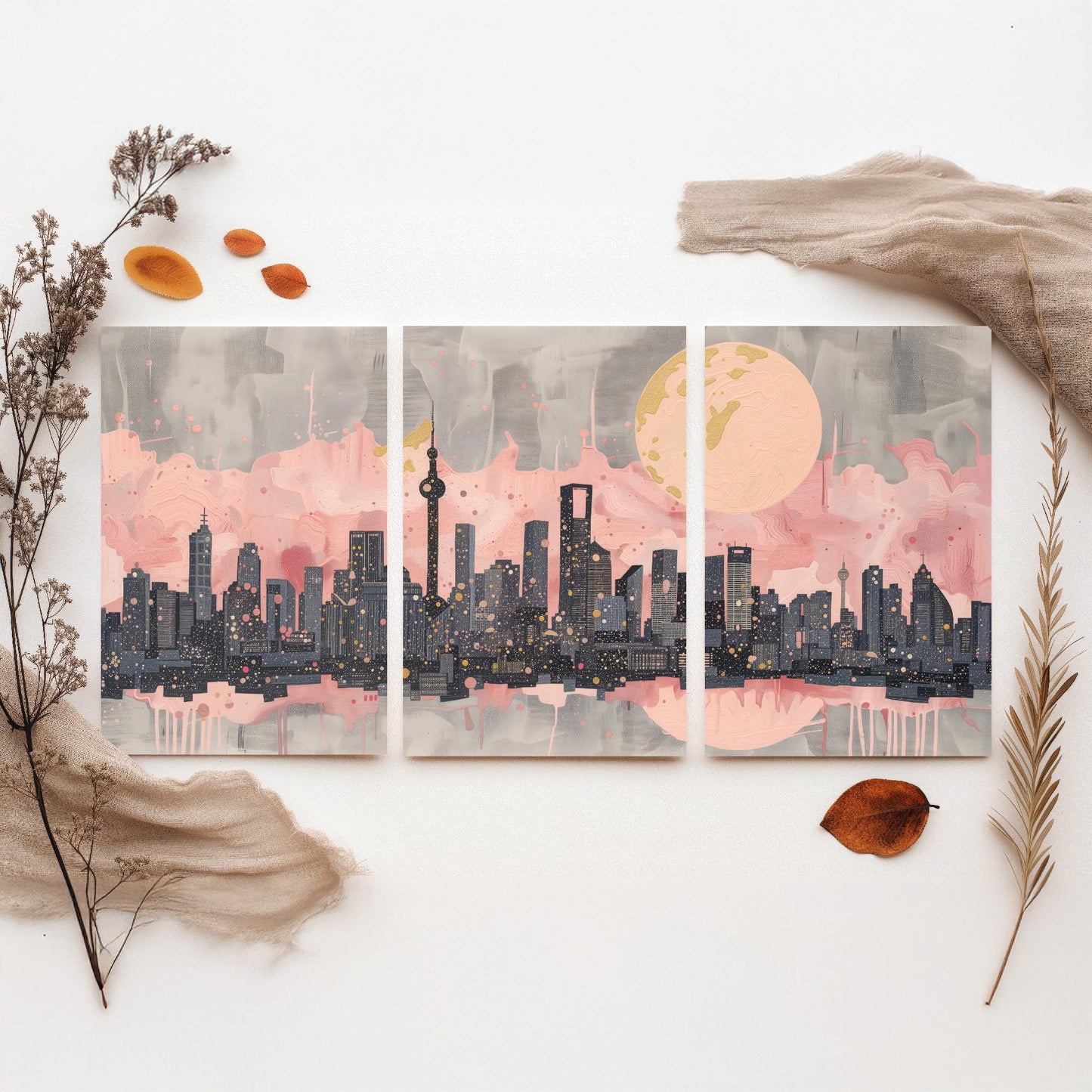 Melbourne Australia Set of Three Art Prints - Pink and Grey Skyline Panorama Posters - Gold Moon City Illustration Wall Decor