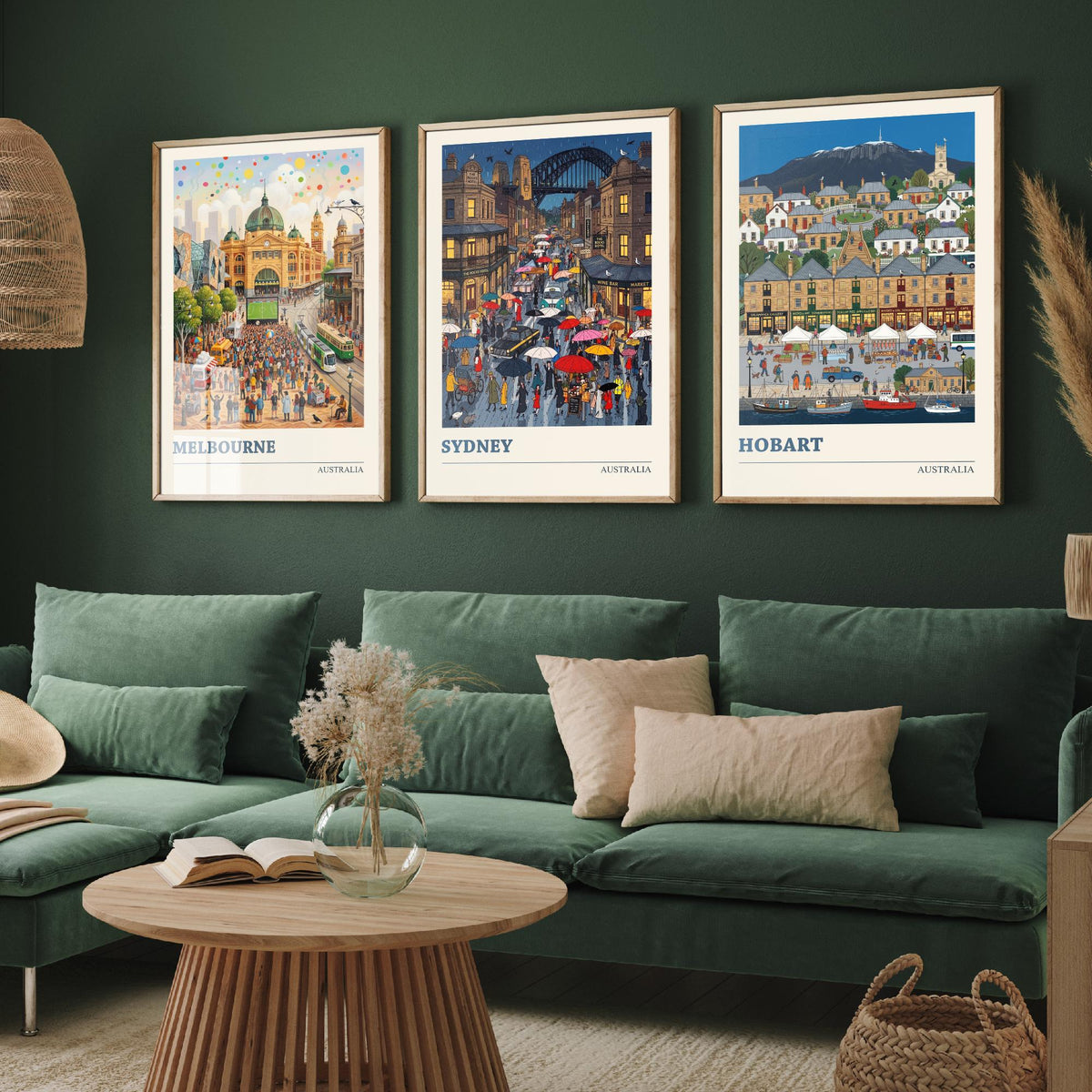 Australia Set of Three Art Prints - Melbourne, Sydney, Hobart - 3 Colourful Folk Illustration Travel Posters - Australian Painting