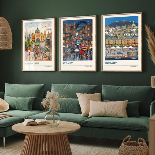 Australia Set of Three Art Prints - Melbourne, Sydney, Hobart - 3 Colourful Folk Illustration Travel Posters - Australian Painting