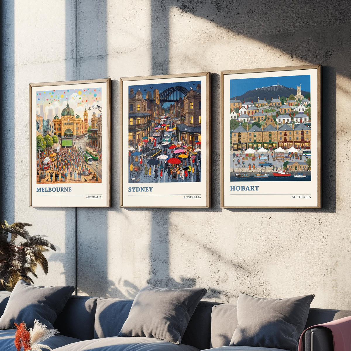 Australia Set of Three Art Prints - Melbourne, Sydney, Hobart - 3 Colourful Folk Illustration Travel Posters - Australian Painting