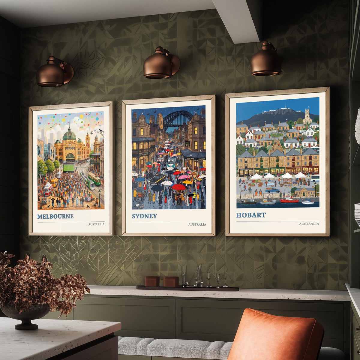 Australia Set of Three Art Prints - Melbourne, Sydney, Hobart - 3 Colourful Folk Illustration Travel Posters - Australian Painting