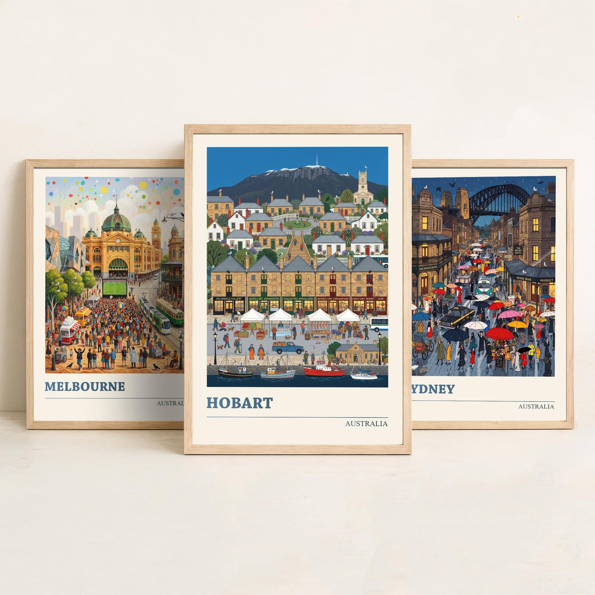 Australia Set of Three Art Prints - Melbourne, Sydney, Hobart - 3 Colourful Folk Illustration Travel Posters - Australian Painting