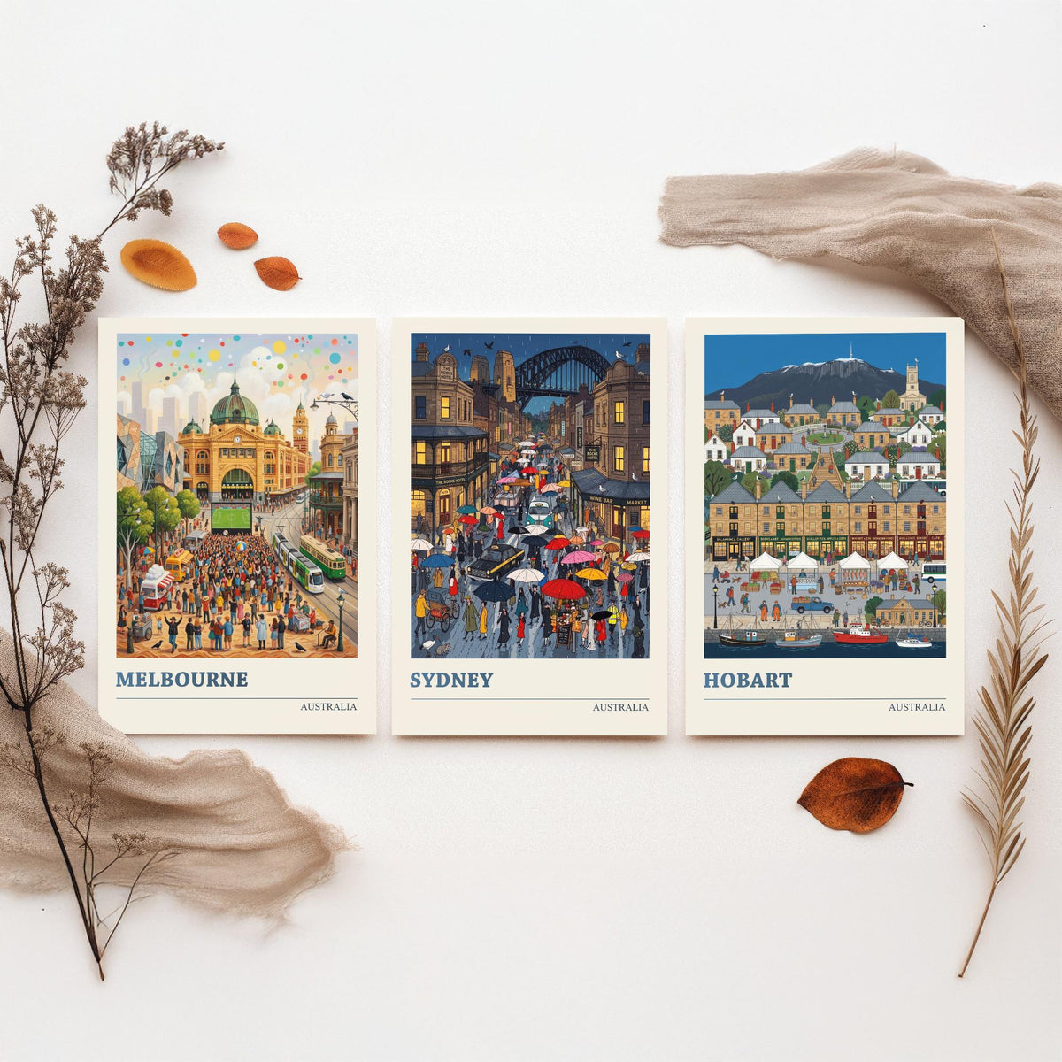 Australia Set of Three Art Prints - Melbourne, Sydney, Hobart - 3 Colourful Folk Illustration Travel Posters - Australian Painting