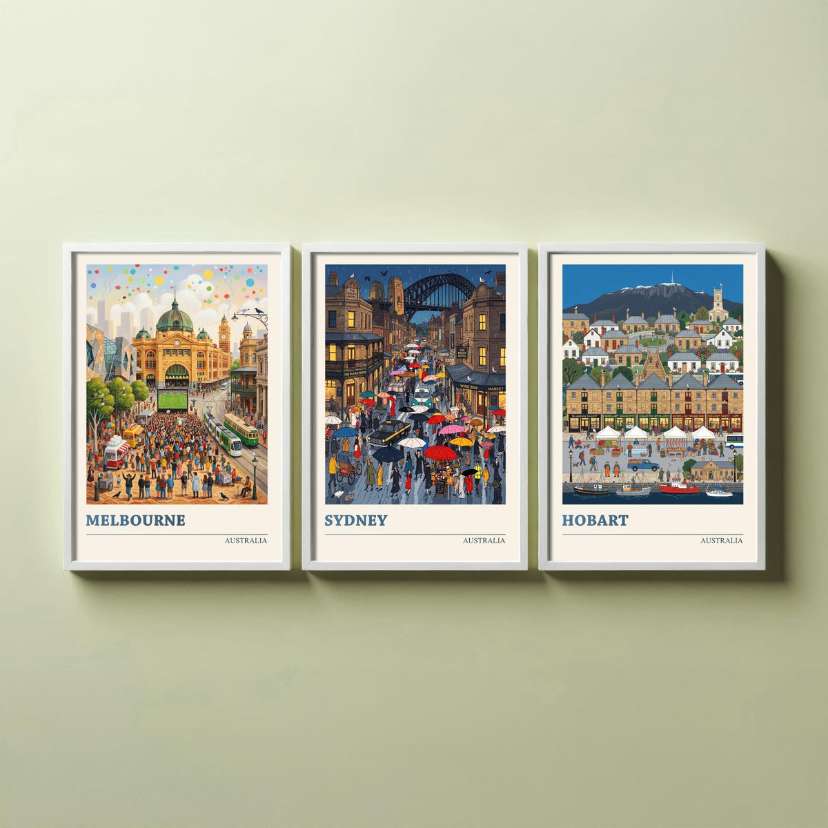 Australia Set of Three Art Prints - Melbourne, Sydney, Hobart - 3 Colourful Folk Illustration Travel Posters - Australian Painting