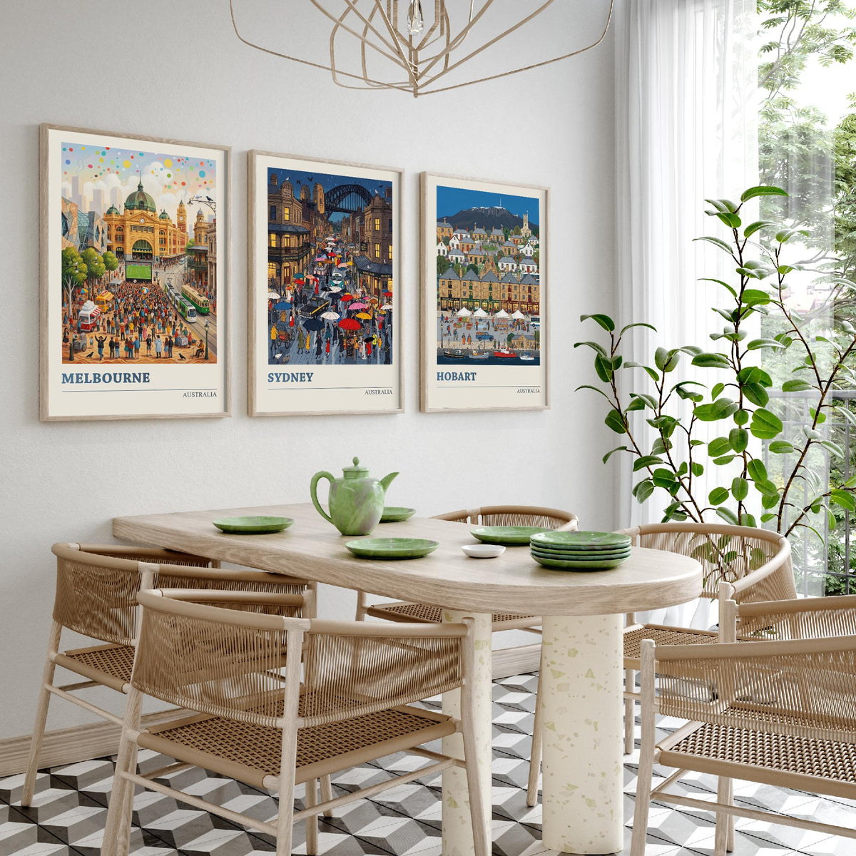 Australia Set of Three Art Prints - Melbourne, Sydney, Hobart - 3 Colourful Folk Illustration Travel Posters - Australian Painting