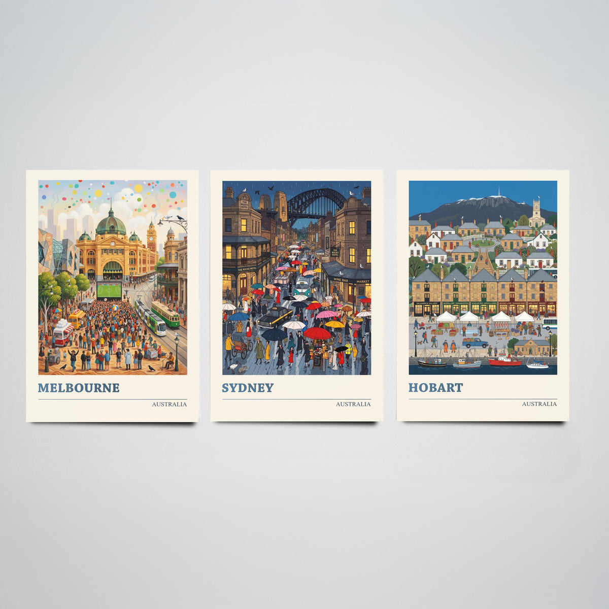 Australia Set of Three Art Prints - Melbourne, Sydney, Hobart - 3 Colourful Folk Illustration Travel Posters - Australian Painting