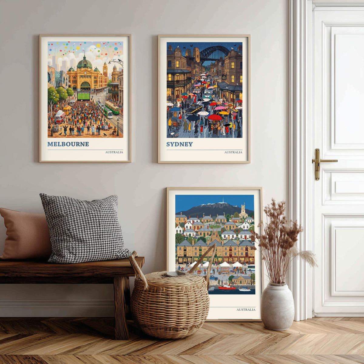 Australia Set of Three Art Prints - Melbourne, Sydney, Hobart - 3 Colourful Folk Illustration Travel Posters - Australian Painting