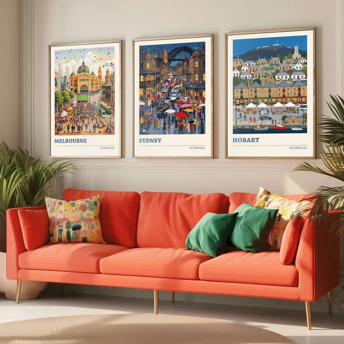 Australia Set of Three Art Prints - Melbourne, Sydney, Hobart - 3 Colourful Folk Illustration Travel Posters - Australian Painting