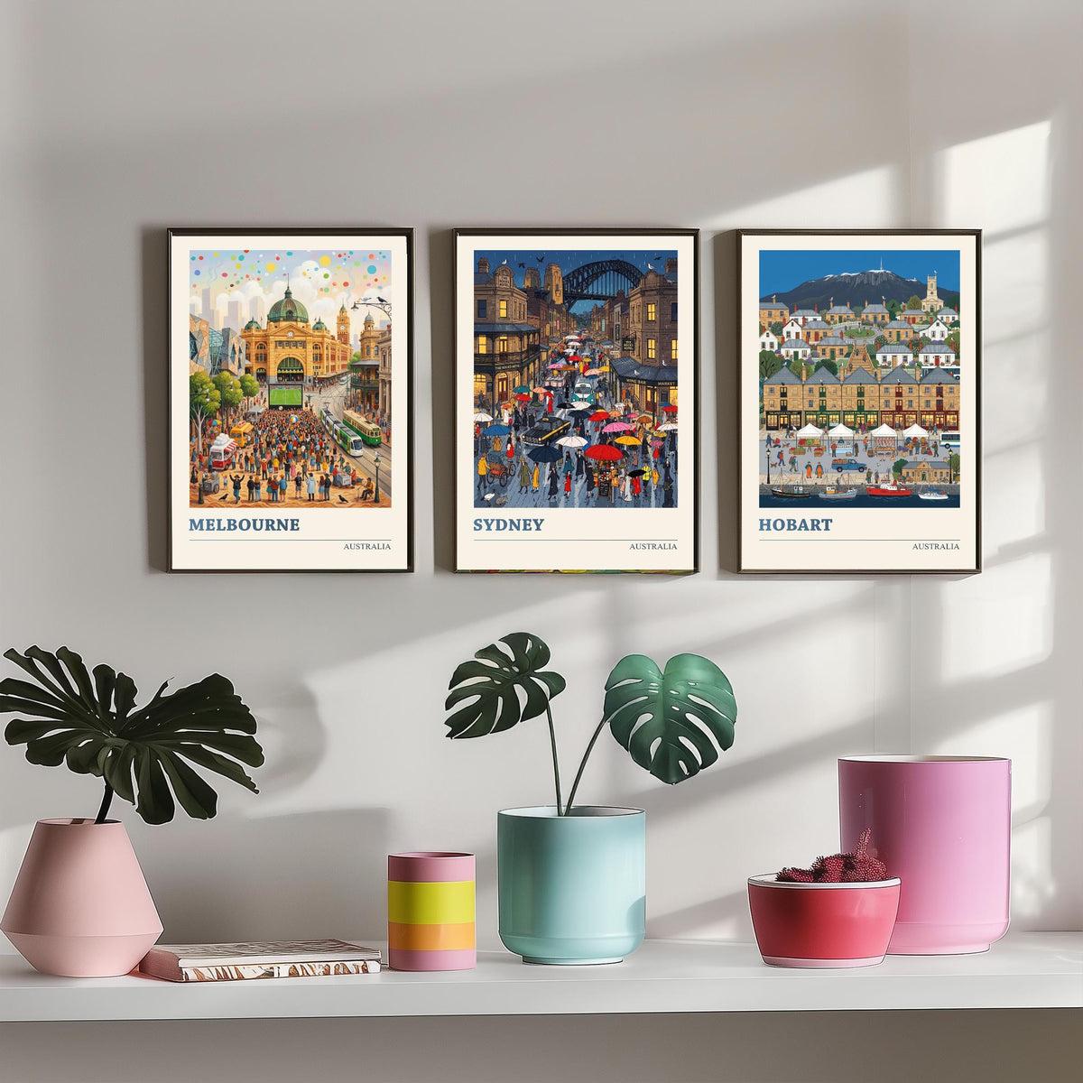 Australia Set of Three Art Prints - Melbourne, Sydney, Hobart - 3 Colourful Folk Illustration Travel Posters - Australian Painting