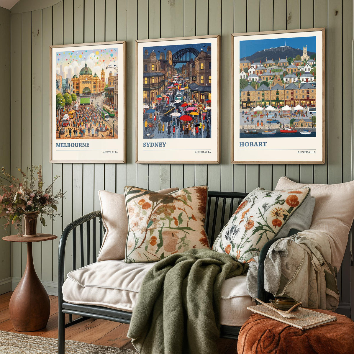 Australia Set of Three Art Prints - Melbourne, Sydney, Hobart - 3 Colourful Folk Illustration Travel Posters - Australian Painting