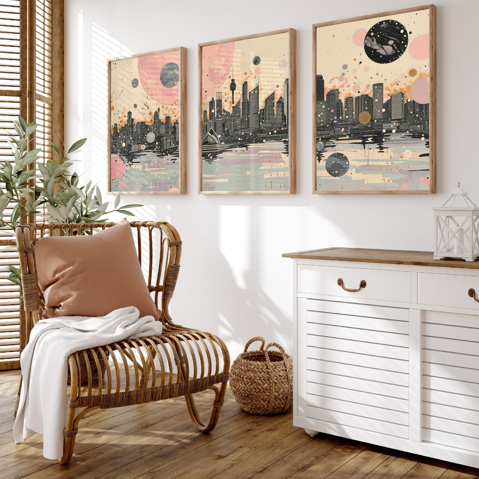 Sydney Australia Set of Three Art Prints - Pink and Grey Harbour Skyline Panorama Posters - Planets City Illustration Decor